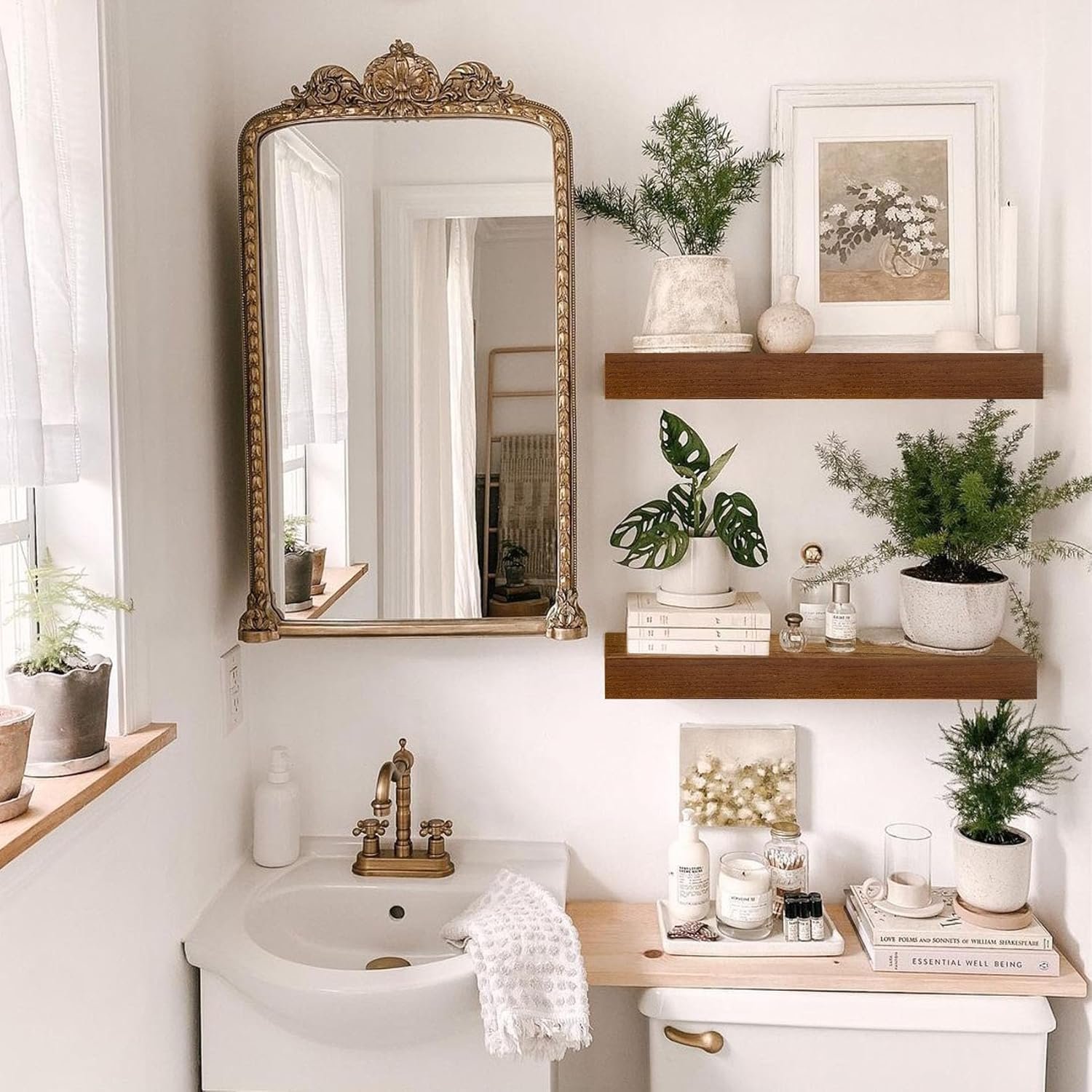 IAE Walnut Floating Wall Shelves 16 inch, Bathroom Shelves Wall Mounted,Invisible Shelf Floating Kitchen Shelves,Wooden Wall Shelving with Brackets for Living Room Wall Mounted,Easy Install,Set of 2 - Image 4