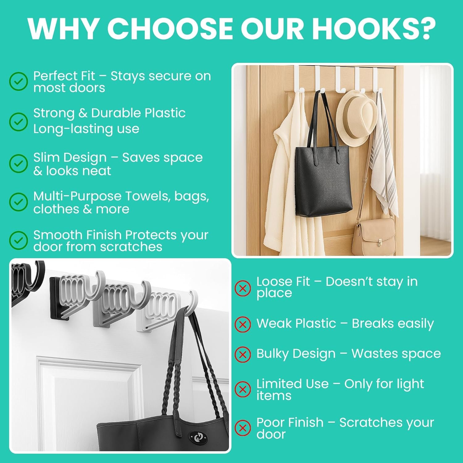 Iconikal 6-Pack Over The Door Hooks Plastic White Valet Hanger for Coats Towels Robes Bags Bathroom Bedroom Closet Organizer No Tools Bulk Pack - Image 6