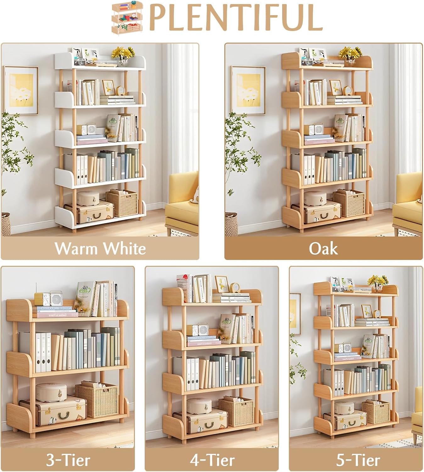 5-Tier Wooden Open Bookcase - Modern Display Bookshelf with Top Edge and Solid Wood Frame for Home and Office, Storage Cabinet, Oak - Image 4