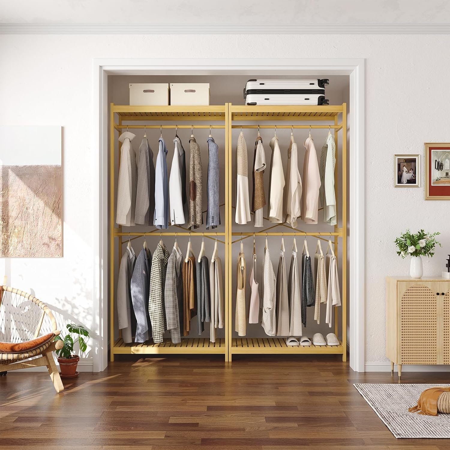 Homykic Bamboo Clothes Rack with Shelves and Double Hang Rods, Portable Closet System Garment Rack for Hanging Clothes, Tall Clothing Rack Corner Closet Organizer, Easy to Built, Natural - Image 3