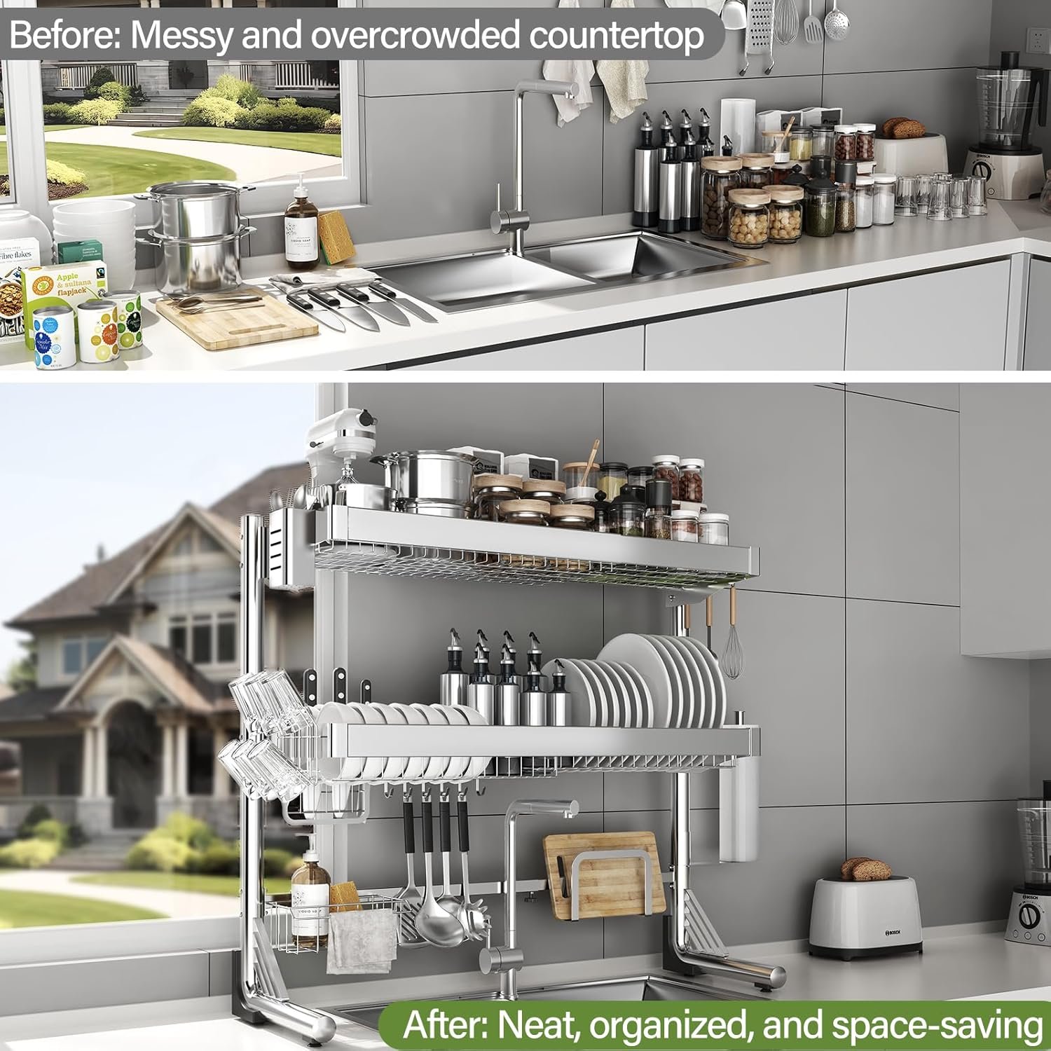 Over The Sink Dish Drainer Drying Rack 3 Tier, Full Stainless Steel Dish Drying Rack Adjustable Length 20.9''-37.4'', Kitchen Sink Shelf, Organized Space-Saving Dish Rack - Image 9