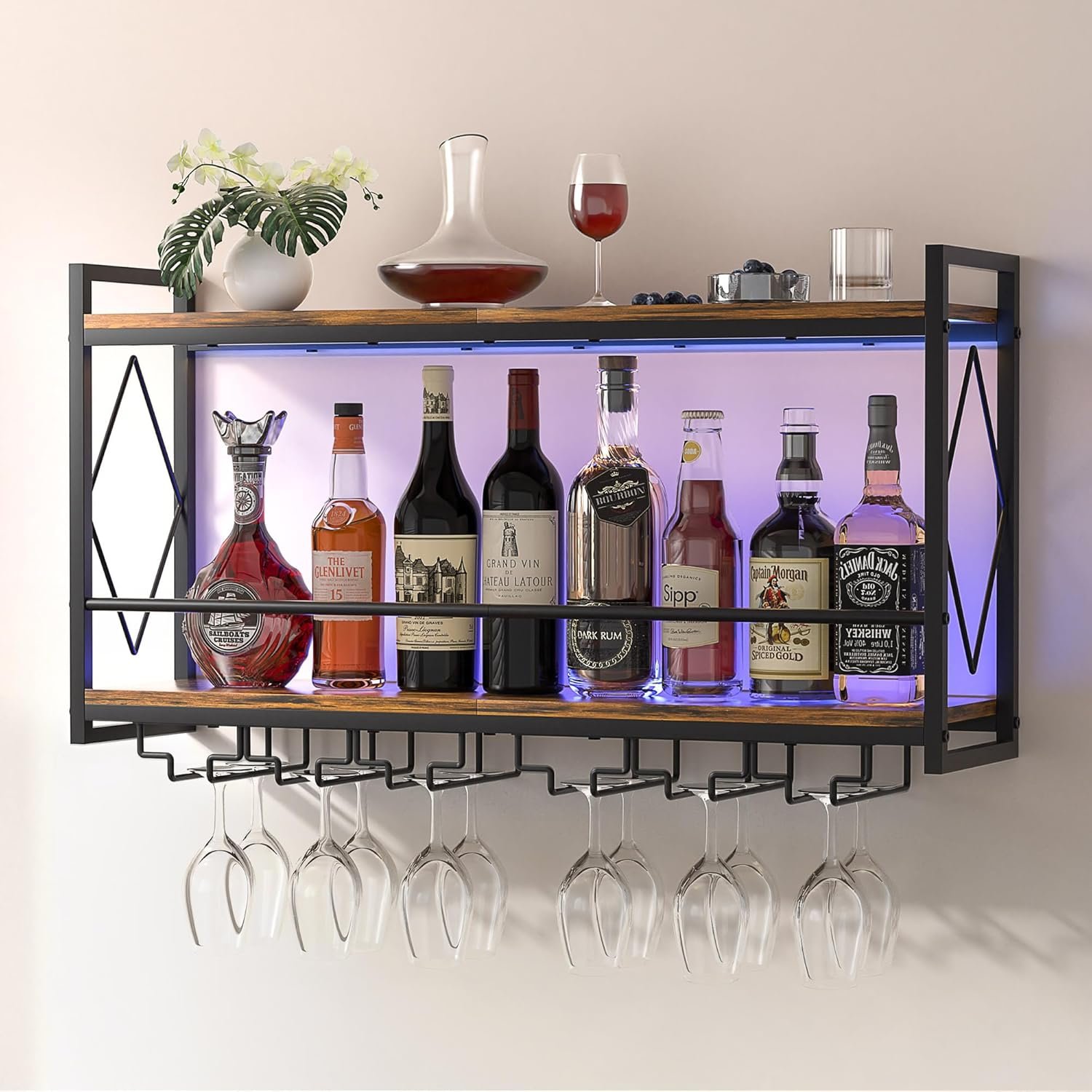 Nidouillet Wall Mounted Wine Rack with LED Light, 31.5" Bar Liquor Shelves with Glass Holder, Metal Hanging Bar Shelves Wine Storage Rack Display for Kitchen Home Bar Dining Room Living Room - Image 9
