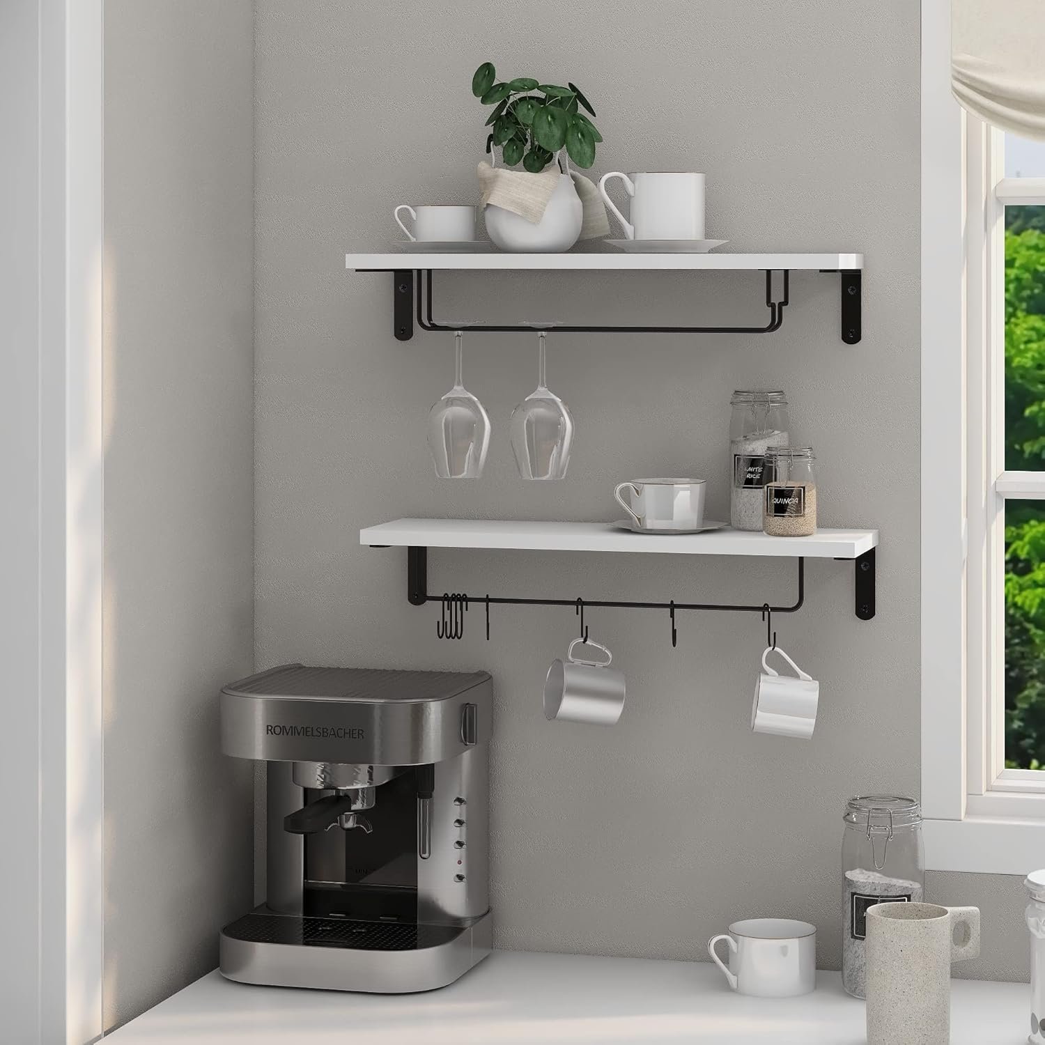Afuly Coffee Bar Shelf, 20 Inch Wall Mounted Shelves for Mugs & Glasses, Floating Shelves with 8 Hooks, Coffee Cup Wall Holder, Set of 2 - Image 5