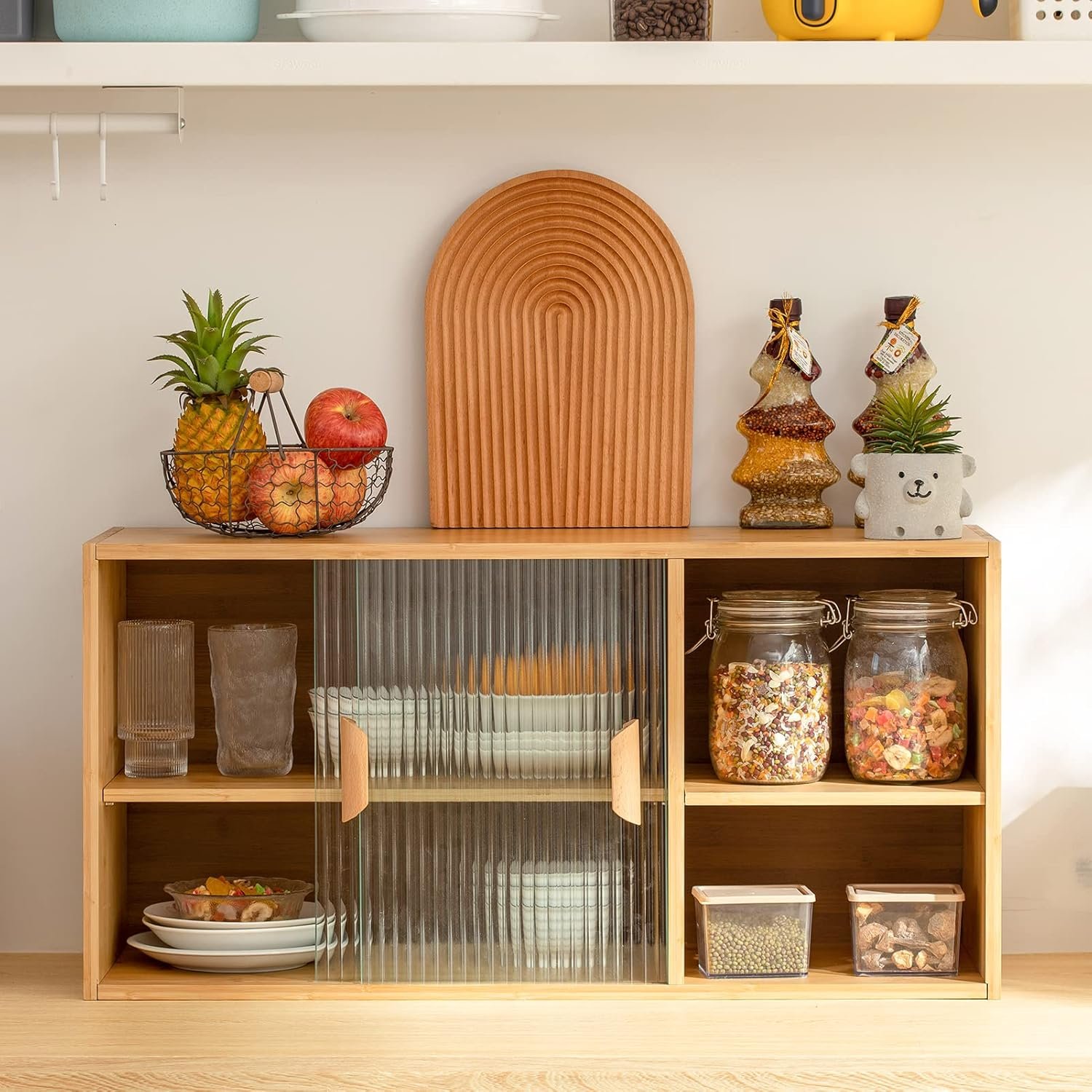 HollyHOME Bamboo Wall Mounted Kitchen Pantry Sideboard with 2 Doors and Adjustable Shelves, Freestanding Wall Storage Cabinet with Shelf for Bottle, Dish, Bowl, Console Dining Cupboard, Burlywood - Image 9