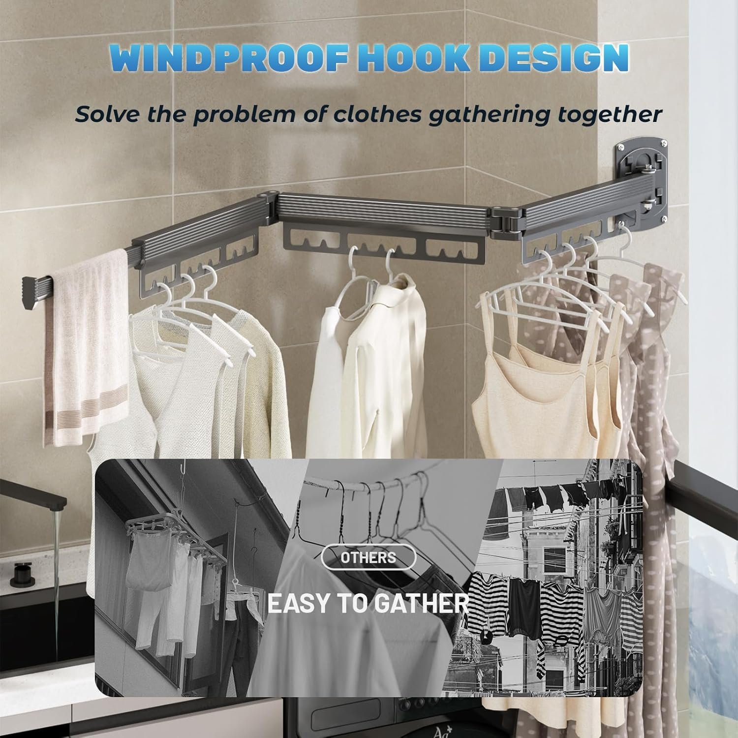 Clothes Drying Rack Wall Mounted,Expandable Drying Rack Clothing(Tri-Fold),Laundry Space Saver Wall Mounted,Portable,Space-Saving Drying Rack,for Balcony,Laundry,Bathroom, 220 lb Capacity - Image 5