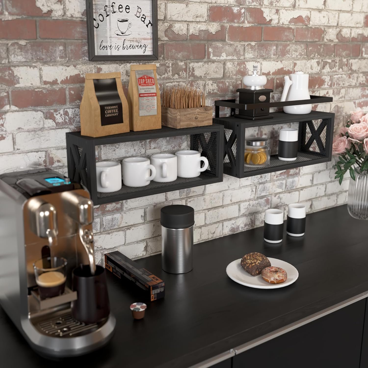 RICHER HOUSE Floating Shelves with Guardrail, Rustic Wood for Wall Décor, Farmhouse Bathroom Accessories Mounted, Organizer over Toilet Storage, Kitchen, Living Room - Black, R-0A340430102 - Image 6