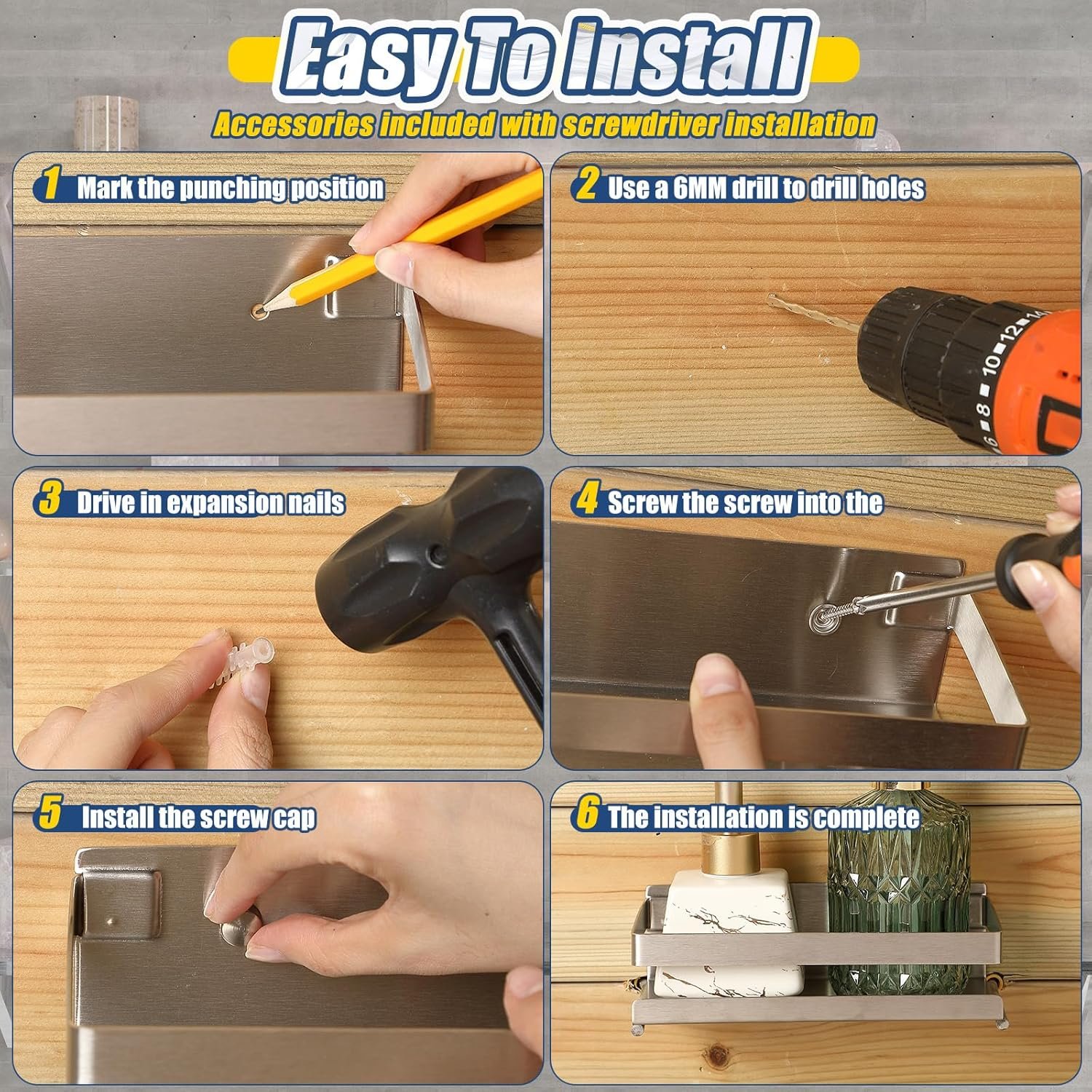 Lallisa 2 Pieces Stainless Steel Shelf Bathroom Shower Floating Shelves Wall Mounted Shower Caddy Basket Shelf Storage Organizer Shelves for Bathroom, Kitchen, Living Room (7.87 Inches/ 20 cm,Silver) - Image 6