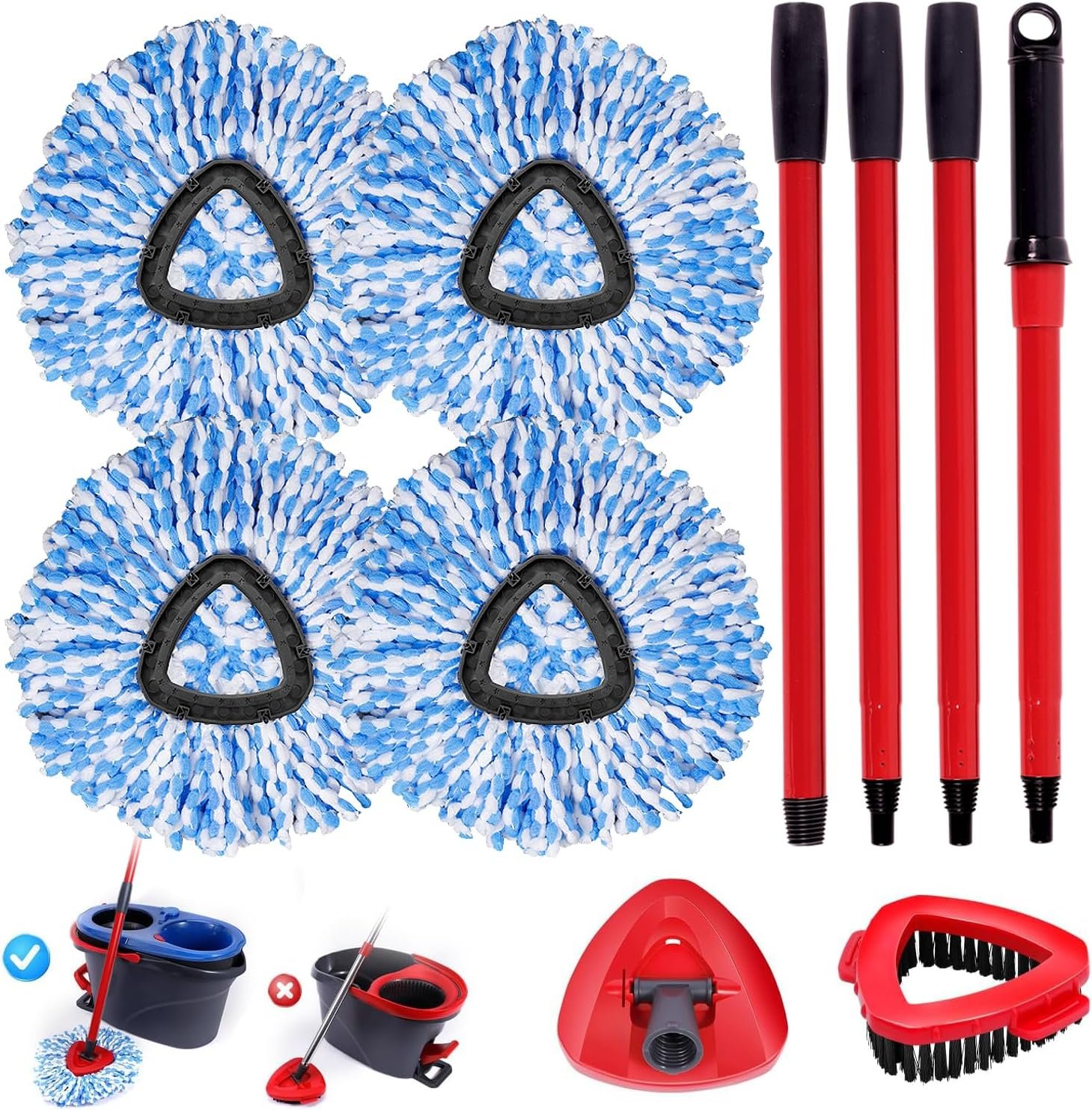 4 Packs Spin Mop Replacement Heads Compatible with Oceda RinseClean 2-Tank System, 4-Section Rotatable 30-58" Mop Handle,Mop Scrub Brush and Base Combo Set,Mop Refills Easy to Replace and Cleaning - Image 2