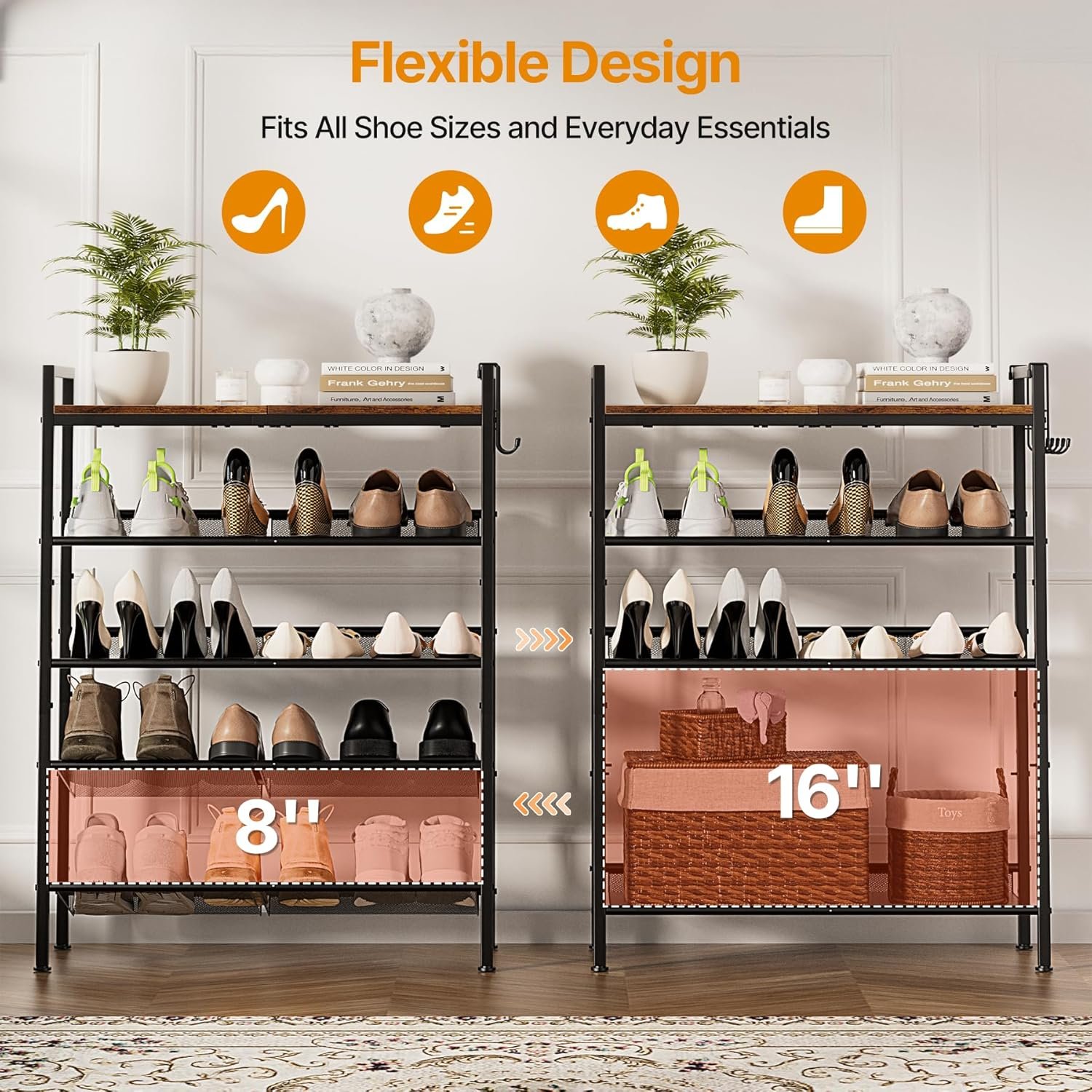 5 Tier Shoe Rack, Shoe Rack for Front Door Entrance with Hook, Shoe Organizer with Adjustable Mesh Shelves, Metal Shoes Rack for Entryway, Closet, Bedroom Living Room Garage - Image 5