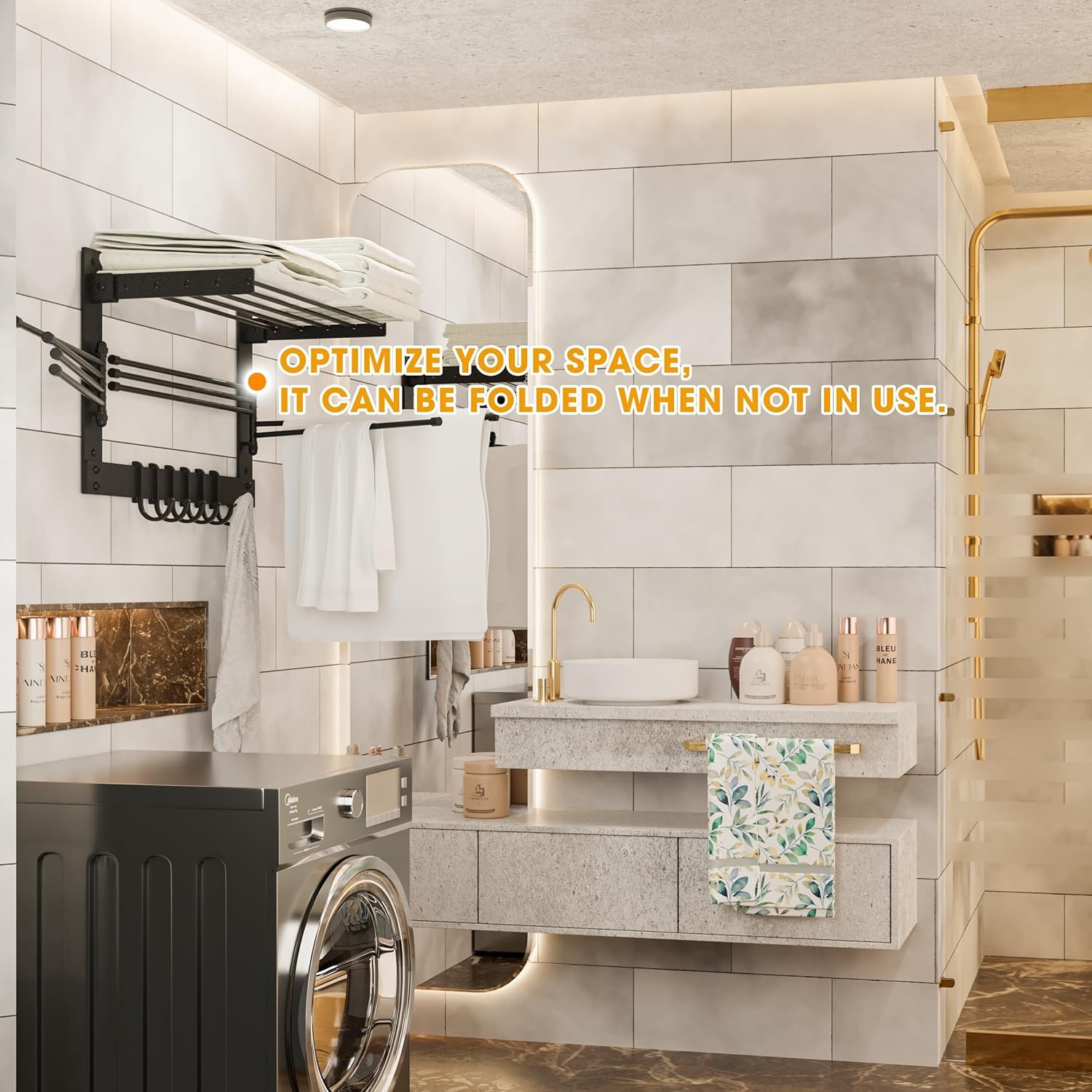 BATODA Wall-Mounted Steel Clothes Drying Rack - Swivel Towel Hanger for Laundry Room & Bathroom - Space Saver (Steel) - Image 7