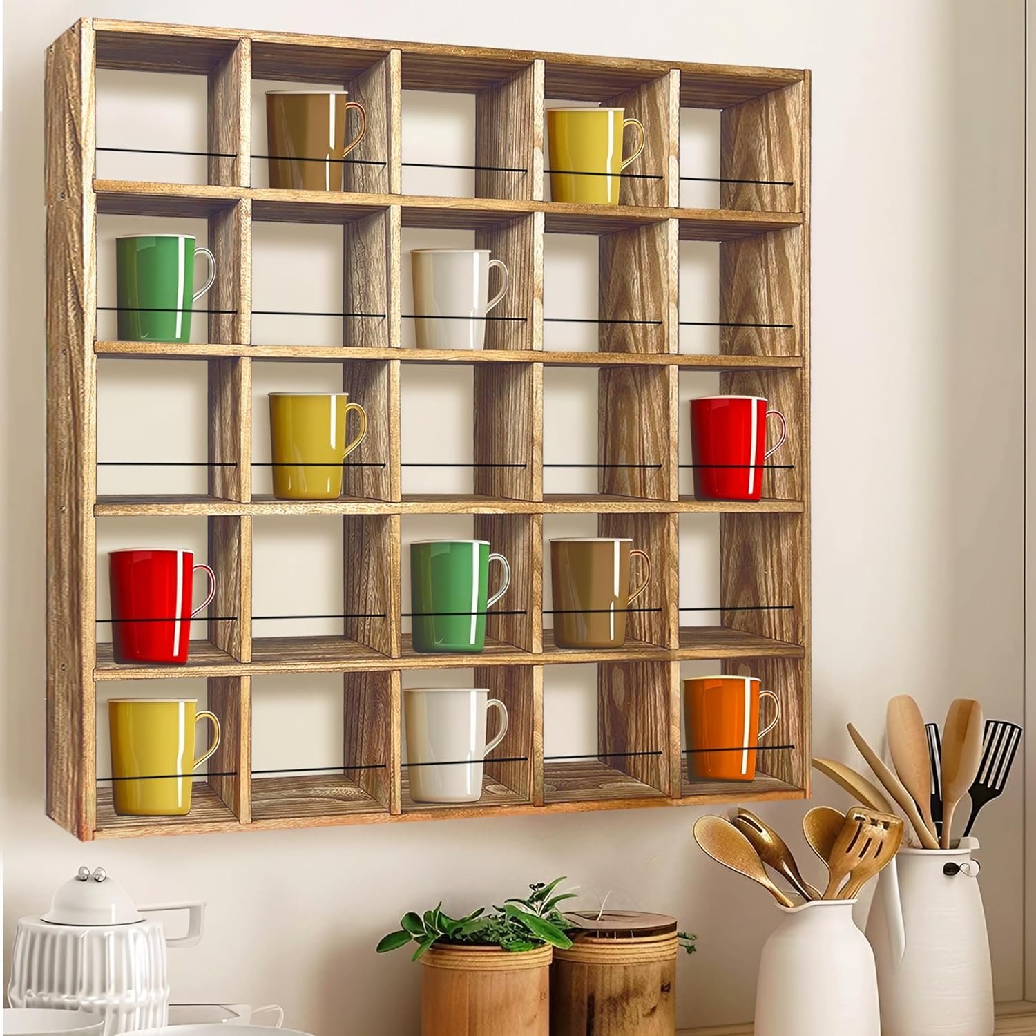 Montex Coffee Mug Holder, Mug Rack Wall Mounted, 3 Tier Coffee Mug Shelf, Rustic Coffee Mug Display Rack for Kitchen, Home, Coffee Bar(25 Grids) - Image 7