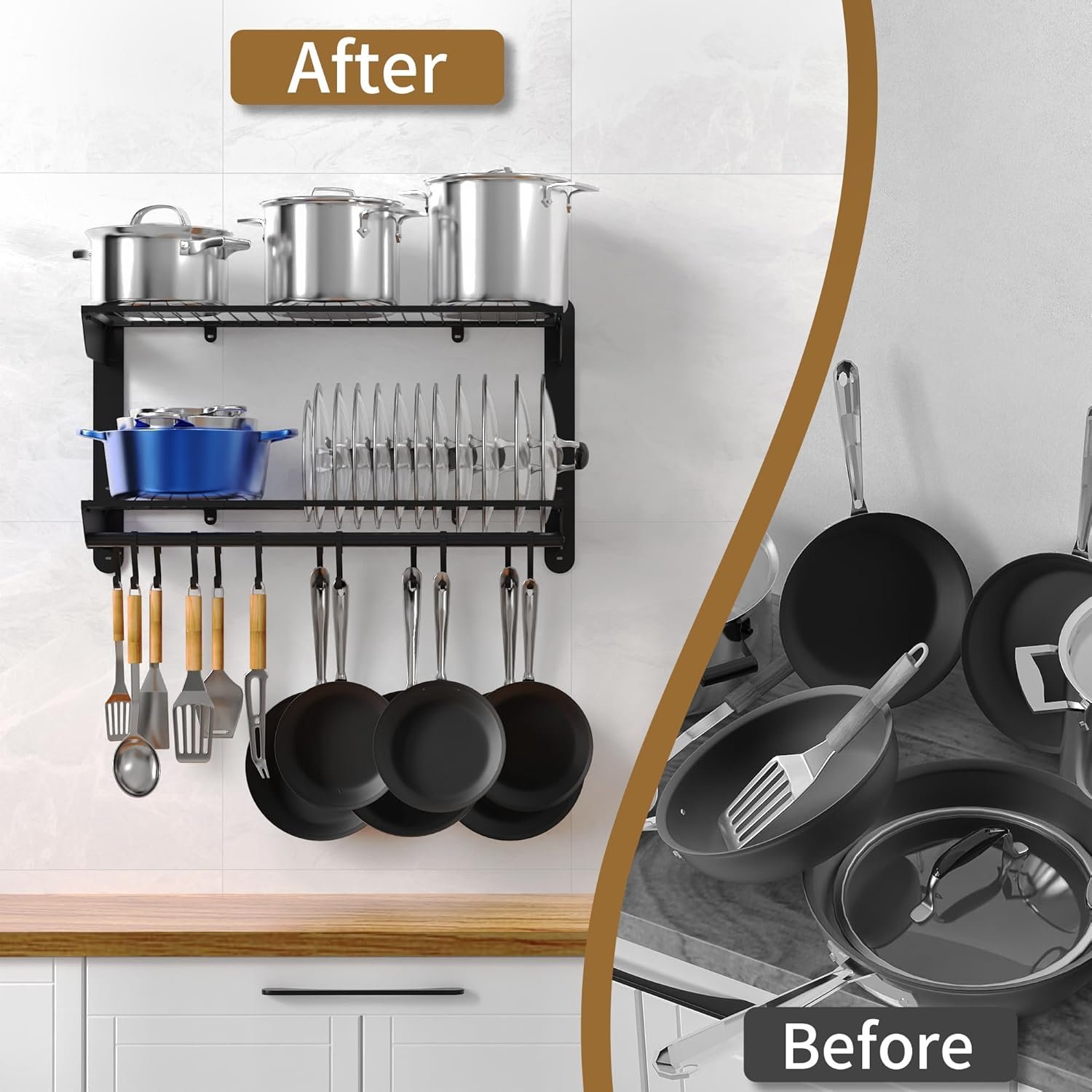 YIGII 30 Inch Pot Rack Wall Mounted, 2-Tier Pots and Pans Organizer with 12 Anti-Drop Hooks, Heavy Duty Kitchen Wall Shelf for Cookware, Lids, Utensils, Black - Image 6