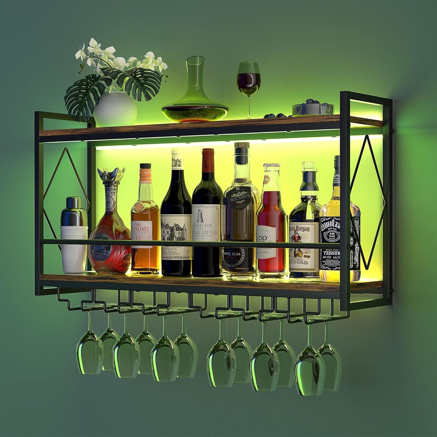 Nidouillet Wall Mounted Wine Rack with LED Light, 31.5" Bar Liquor Shelves with Glass Holder, Metal Hanging Bar Shelves Wine Storage Rack Display for Kitchen Home Bar Dining Room Living Room - Image 5