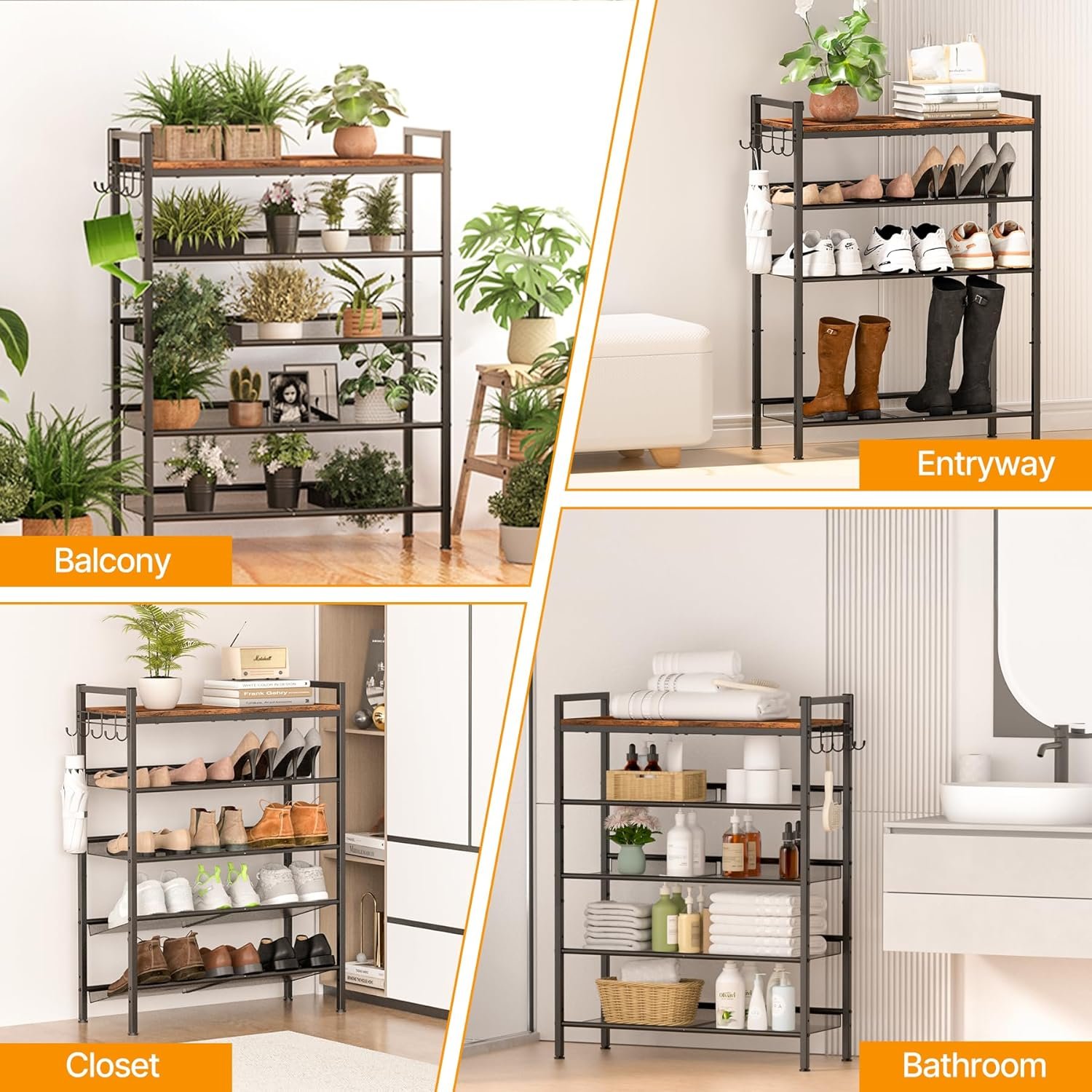 5 Tier Shoe Rack, Shoe Rack for Front Door Entrance with Hook, Shoe Organizer with Adjustable Mesh Shelves, Metal Shoes Rack for Entryway, Closet, Bedroom Living Room Garage - Image 8