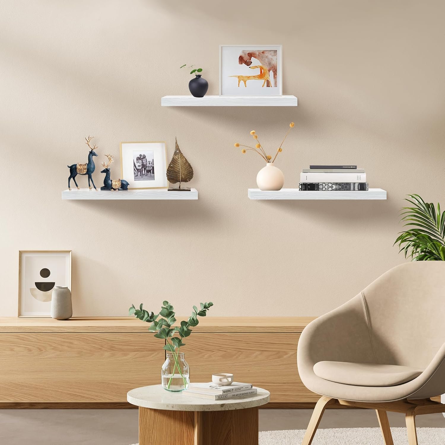 White Floating Shelves for Wall Set of 3, 16" White Shelves for Home Decor, Frame Display Wall Mounted Floating Shelf for Living Room, Bedroom, Bathroom, Kitchen - Image 3