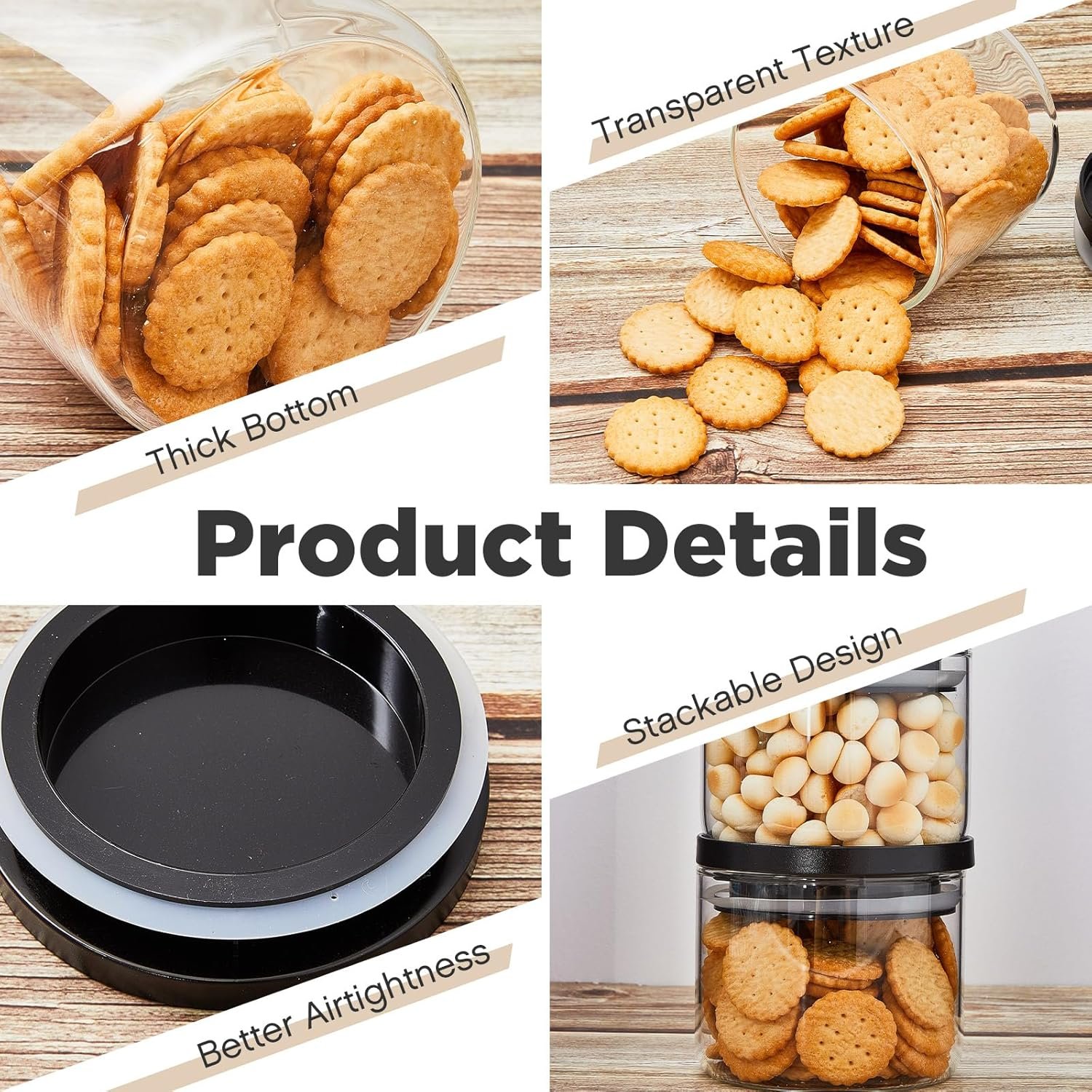 Rtteri 6 Pcs Glass Jars with Black Lids 15oz 27oz 41oz Canisters with Black Airtight Lids Stackable Glass Food Storage Containers Pantry Storage Jars PP Material Airtight - Image 5