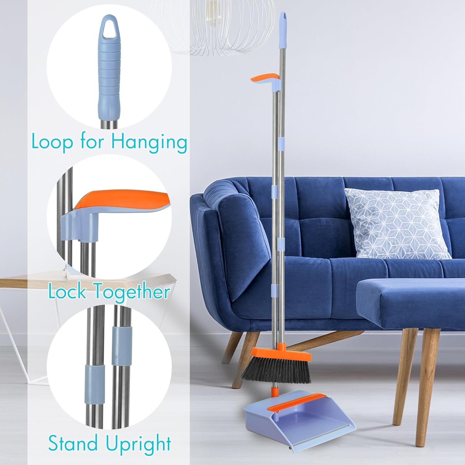 PHYEX 2-Pack Broom and Dustpan Set for Sweeping Indoor, Broom Dustpan with 48" Long Handle, Broom with Dustpan Combo Set(Purple) - Image 8