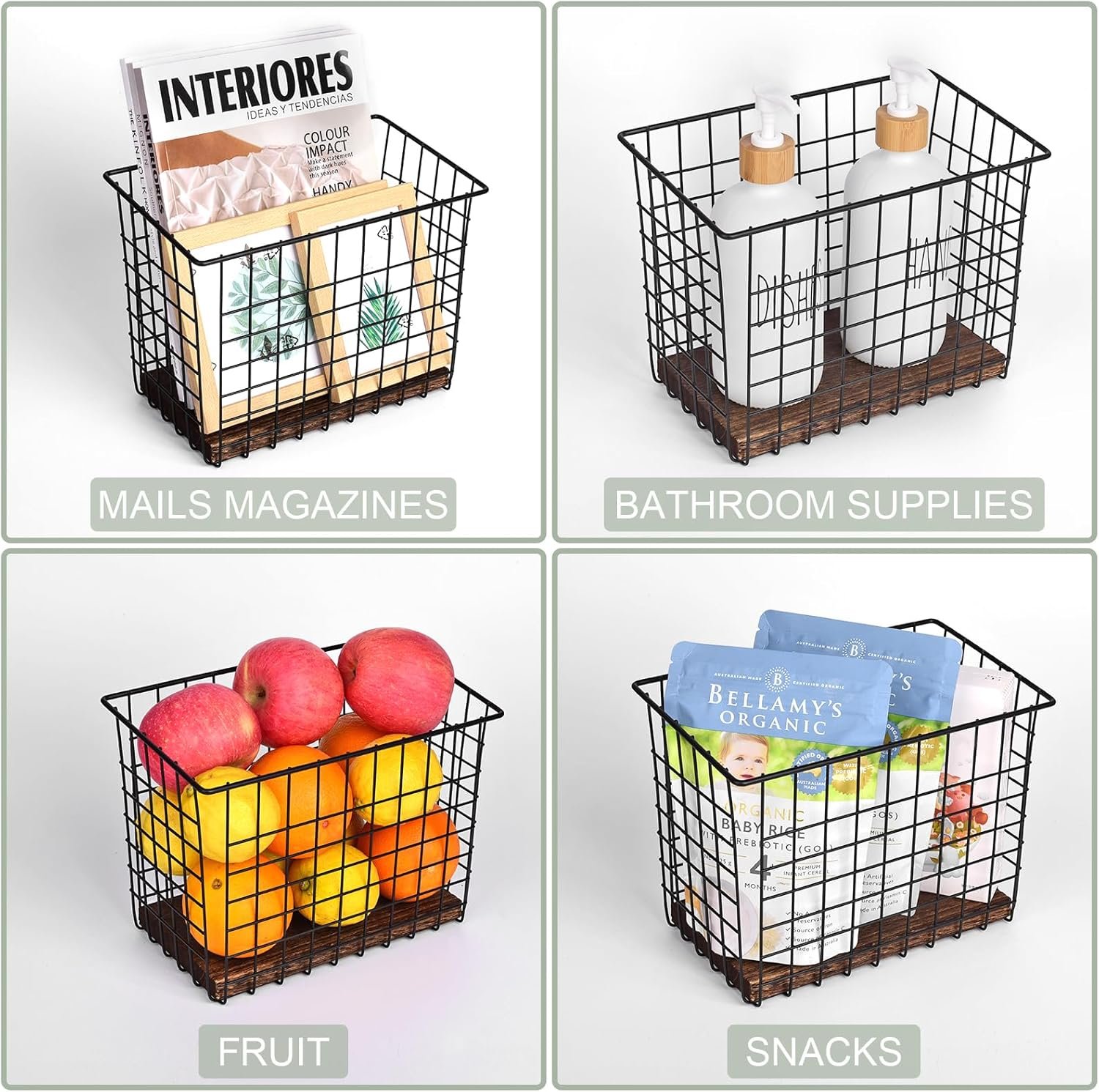 Wall Hanging Baskets 3 Pack, Diversified Wire Basket Shelves of Wooden Style, with Wall Mounted Hooks & Traceless Stickers, for Kitchen Coffee Bar Office Room Garage Storage Organization (Large) - Image 7