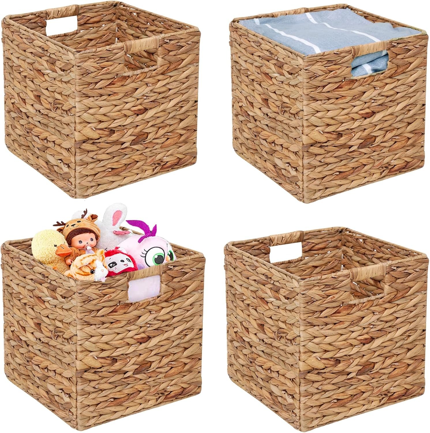 Storage Baskets 11x11inch Cube Baskets 4 pcs Baskets,Foldable Handwoven Water Hyacinth Laundry Organizer,Cube Storage Baskets - Image 2