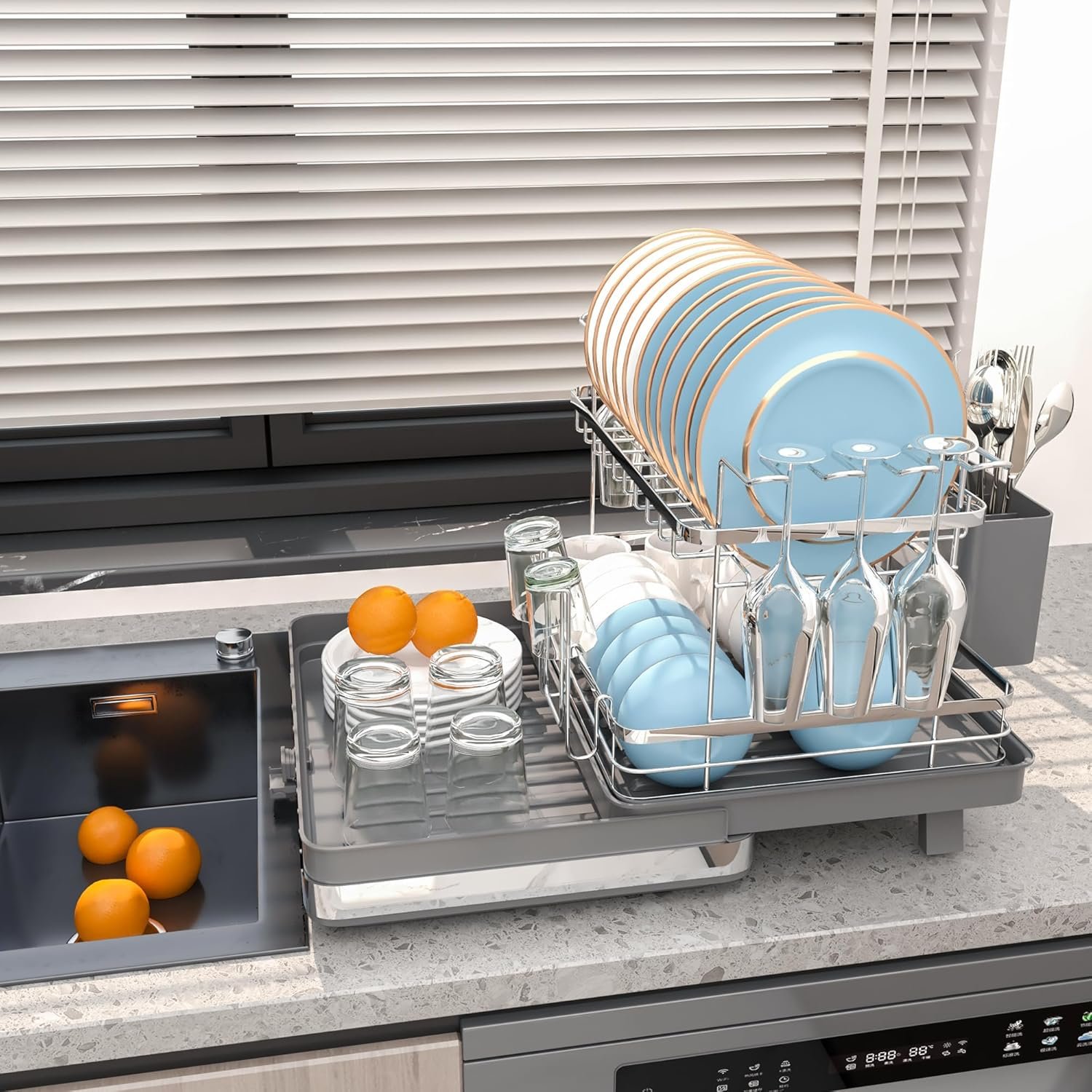 SUSTEAS Dish Drying Rack-Expandable,2 Tier Dish Drying Rack for Kitchen Counter,Large Space-Saving Drying Rack Kitchen,Cups,Utensils,Stainless Steel Dish Drainers for Kitchen Counte,Grey - Image 10