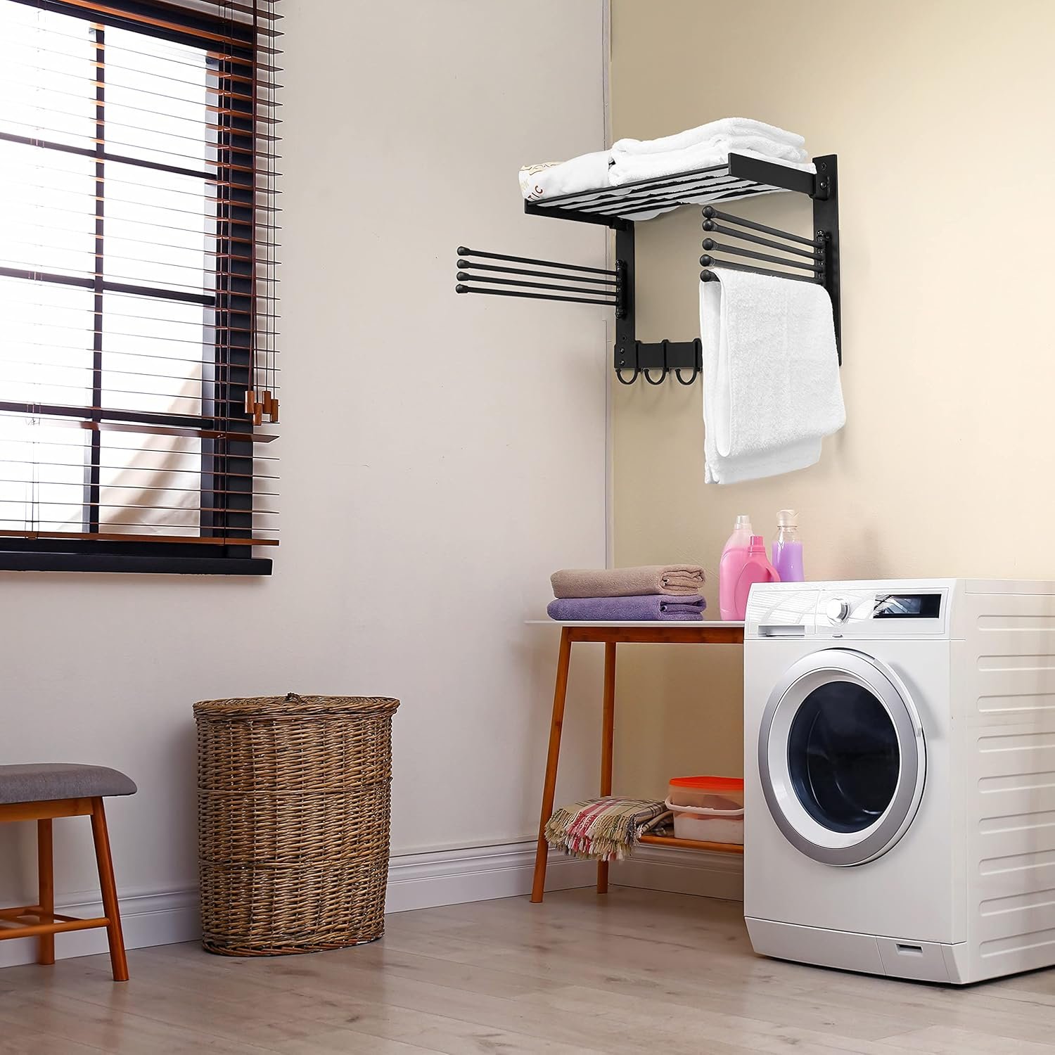 BATODA Wall-Mounted Steel Clothes Drying Rack - Swivel Towel Hanger for Laundry Room & Bathroom - Space Saver (Steel) - Image 5