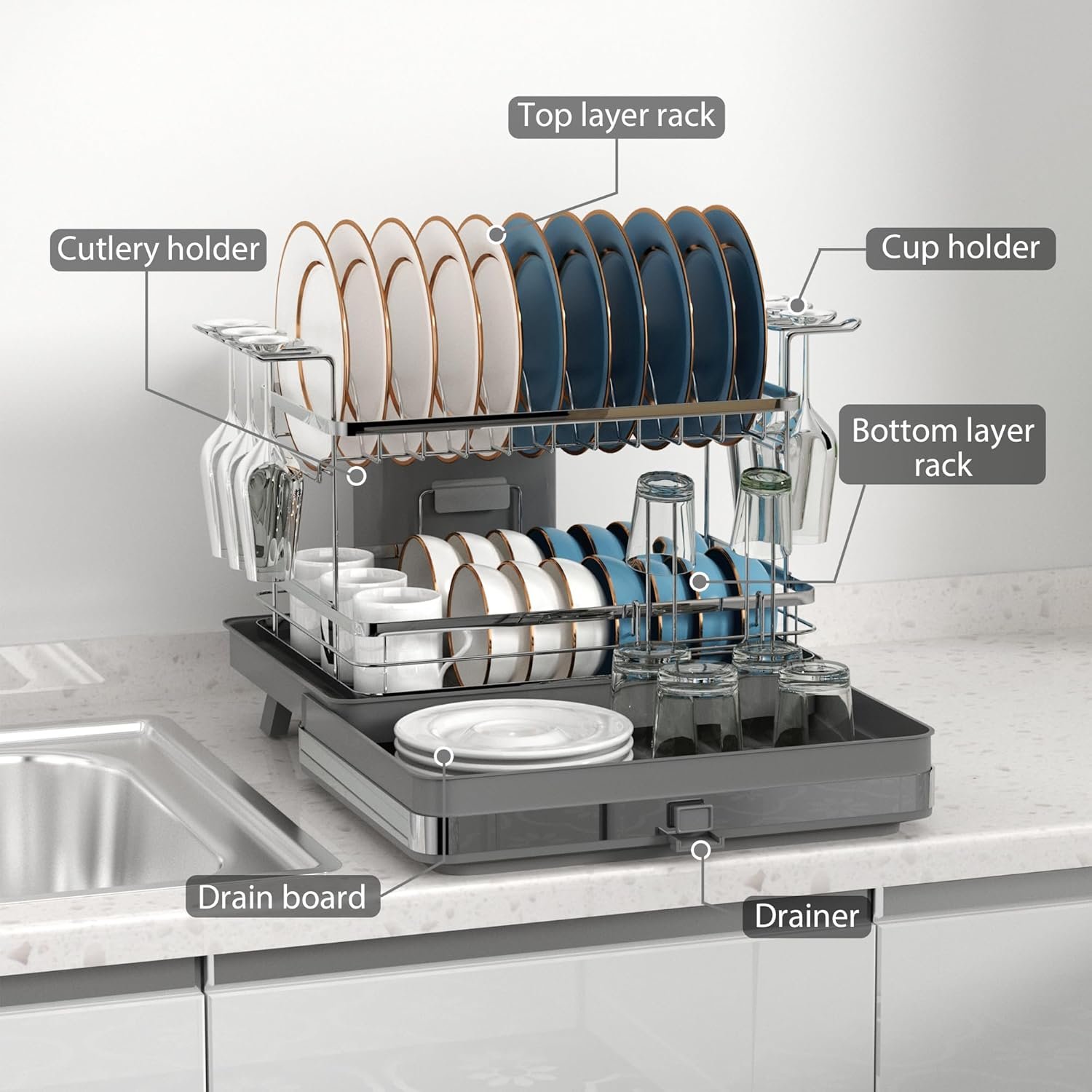 SUSTEAS Dish Drying Rack-Expandable,2 Tier Dish Drying Rack for Kitchen Counter,Large Space-Saving Drying Rack Kitchen,Cups,Utensils,Stainless Steel Dish Drainers for Kitchen Counte,Grey - Image 5
