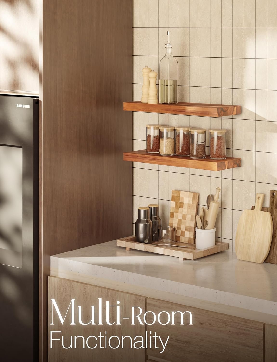 BATODA Set of 2 17" Acacia Wood Floating Shelves Wall Mounted – Rustic Farmhouse Wooden Wall Storage Shelf for Bedroom, Kitchen, Home Décor - Brackets and Shelving Mounting Hardware Included - Image 7