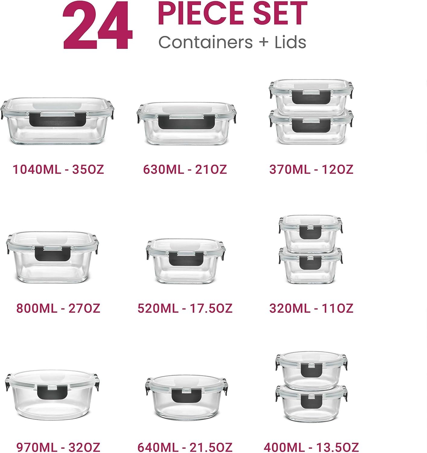 FineDine 24 Piece Premium Borosilicate Glass Meal Prep Containers Glass - Airtight Food Storage Containers with Lids, Hinged Locking Lid, BPA Free, For Meal Prep/Freezer/Oven - Image 3