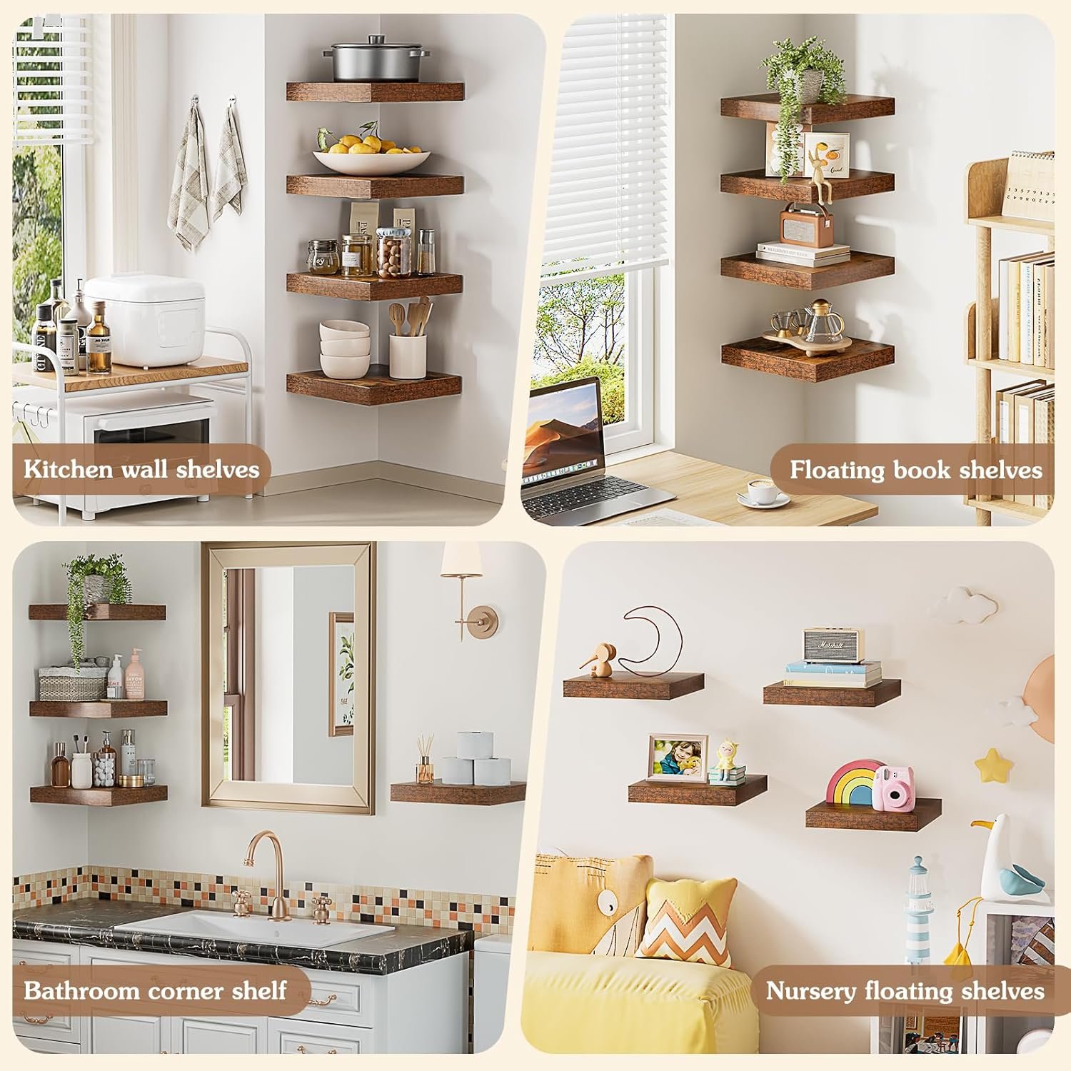 Olakee Corner Floating Shelf Set of 4, 9.84’’ Rustic Wood Wall Mounted Corner Shelf for Bathroom, Bedroom, Kitchen, Living Room, Farmhouse, Office-Heavy Duty Floating Shelves – Carbonized Black - Image 8