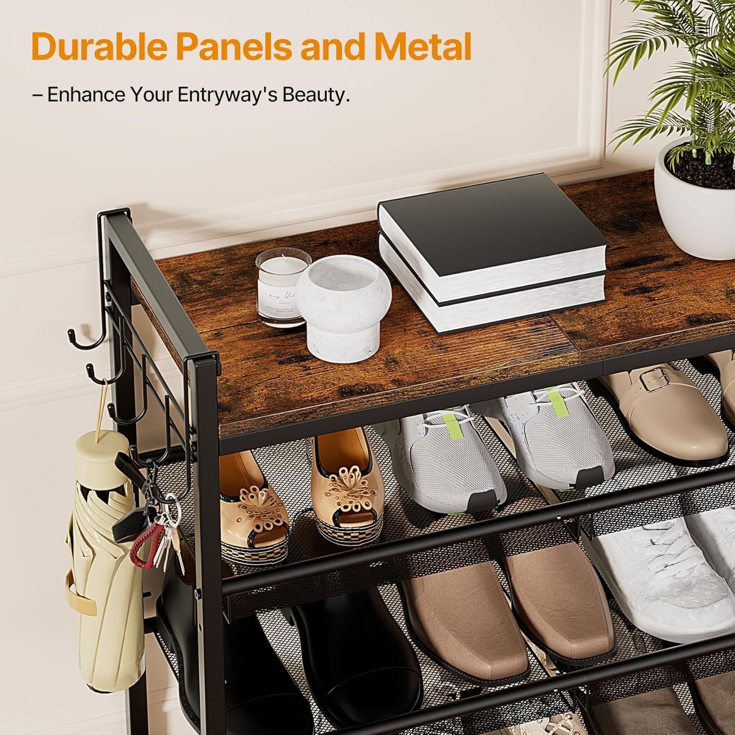 5 Tier Shoe Rack, Shoe Rack for Front Door Entrance with Hook, Shoe Organizer with Adjustable Mesh Shelves, Metal Shoes Rack for Entryway, Closet, Bedroom Living Room Garage - Image 7