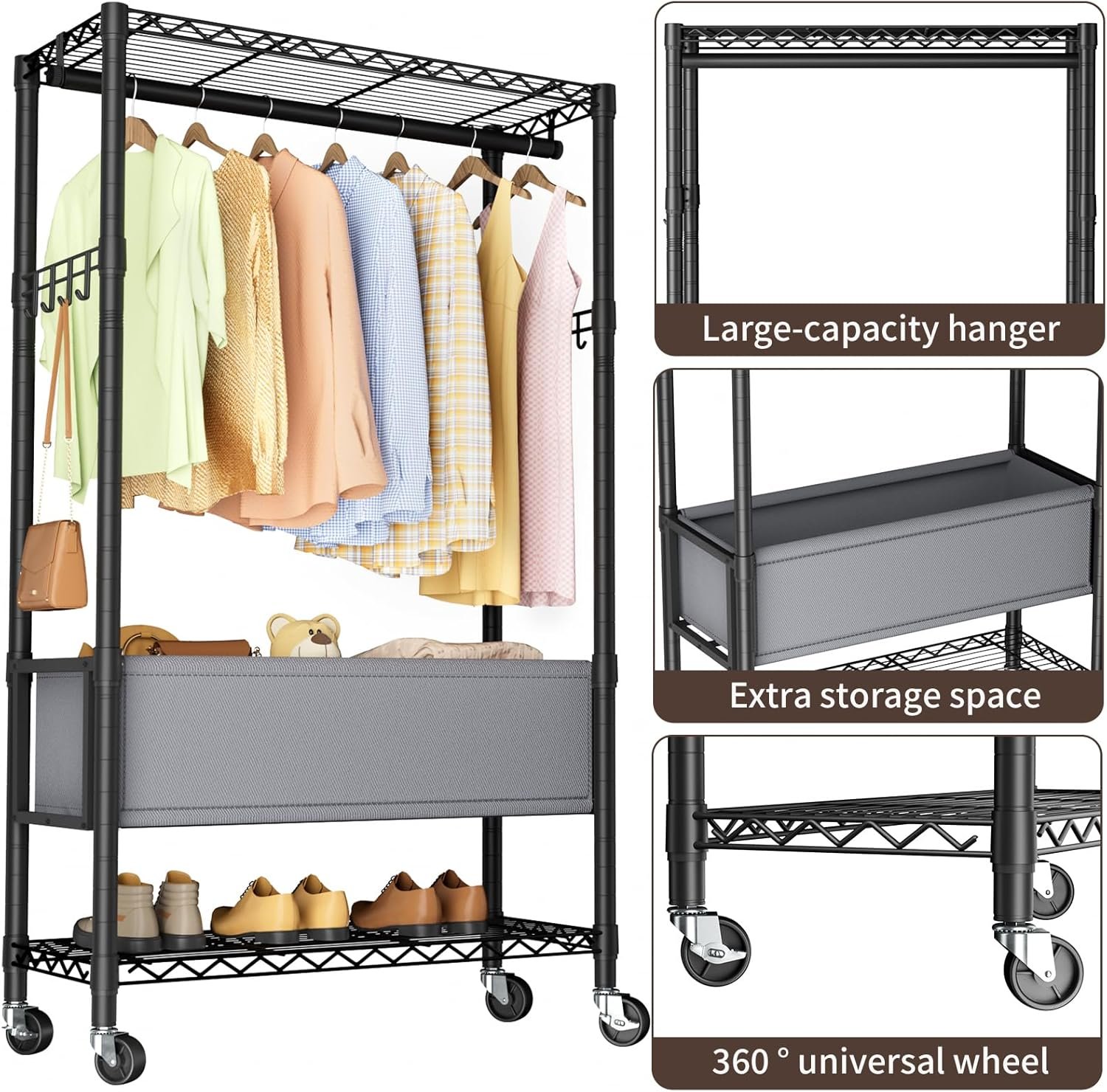 Clothes Rack,Heavy Duty Garment Rack 3 Tier Adjustable With Removable Clothe Basket,Wheels Free Standing Rolling Wire Shelving Clothing Racks for Hanging Clothes Metal Portable Closet - Image 7