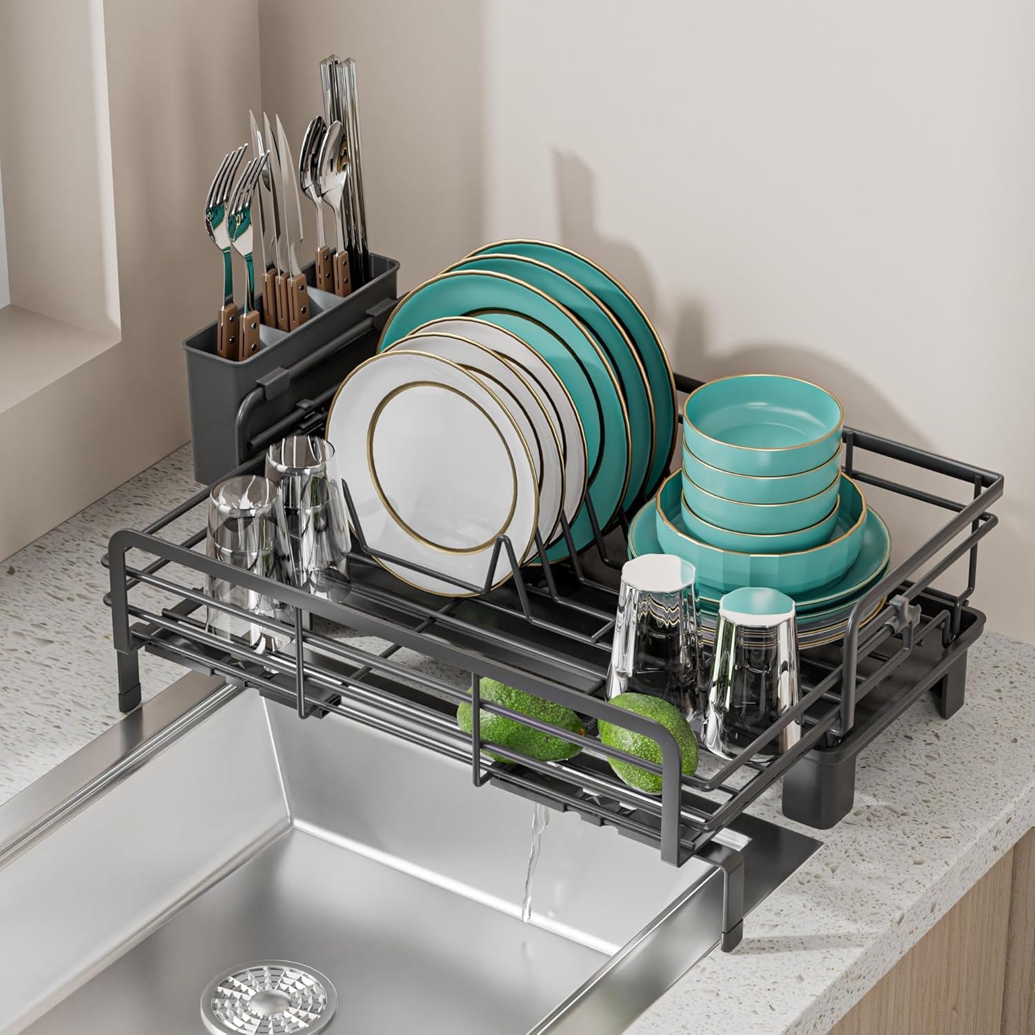 Small Dish Drying Rack - Extendable Dish Rack for Kitchen Counter, Rustproof Dish Drainers with Utensil Holder, Perfect for Apartments, RVs and Small Spaces,16.5" D x 7.5"-12.5" W x 6.5" H - Image 2