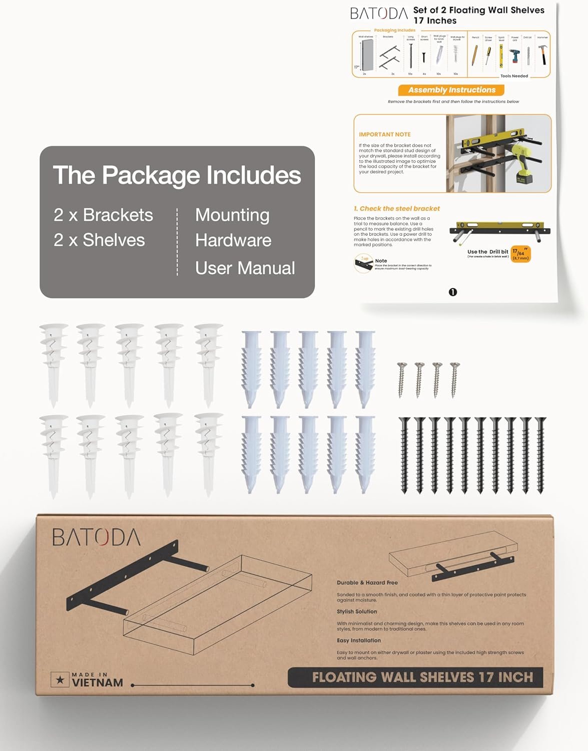 BATODA Set of 2 17" Acacia Wood Floating Shelves Wall Mounted – Rustic Farmhouse Wooden Wall Storage Shelf for Bedroom, Kitchen, Home Décor - Brackets and Shelving Mounting Hardware Included - Image 6