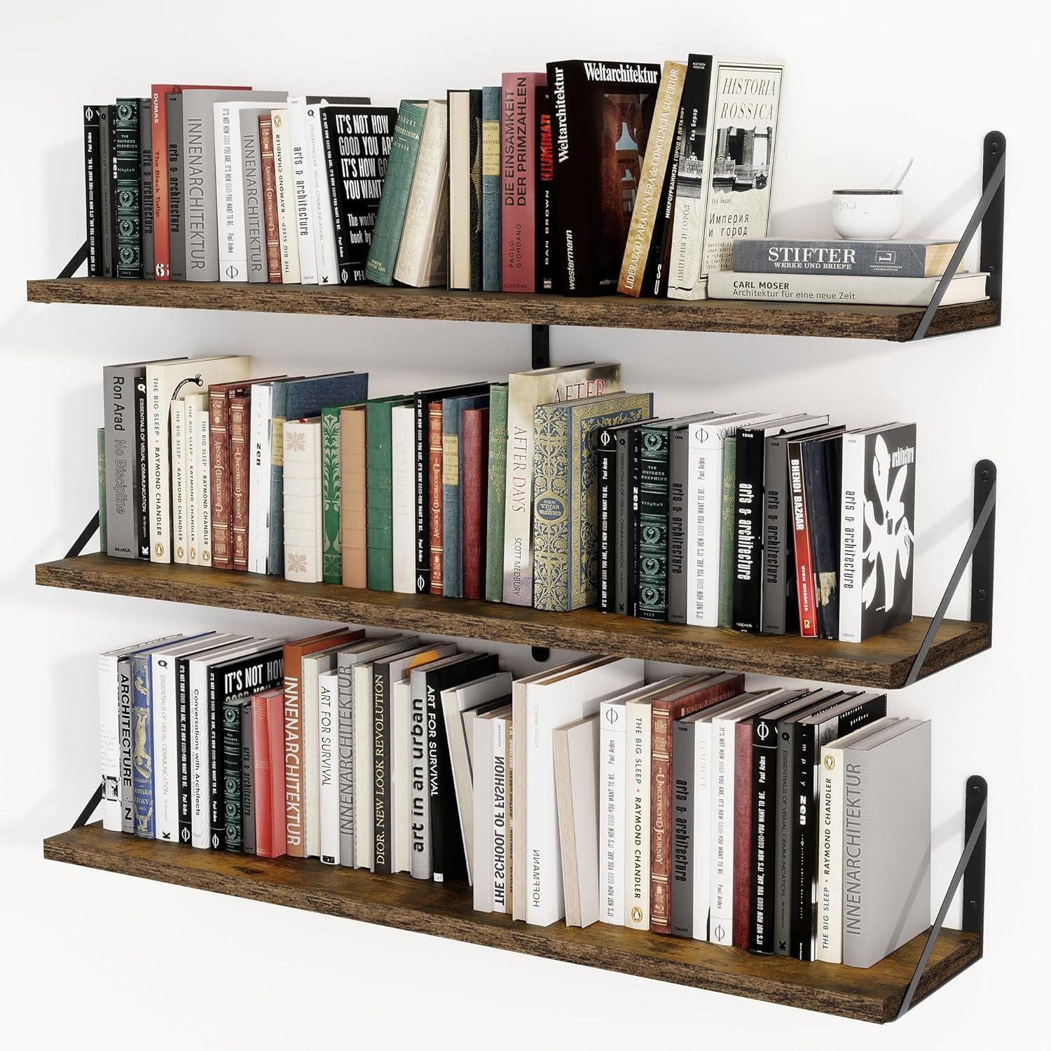 Heimlove Floating Book Shelves for Wall,35.4 Inches Long Wall Mounted Bookshelves,Heavy Duty Bracket Shelves for Living Room Kitchen,Laundry Room Storage & Decor,Set of 3,Rustic Brown - Image 2