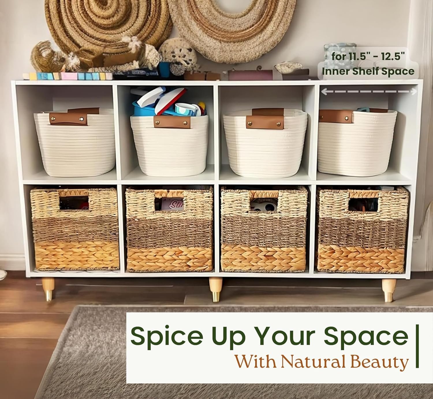 11 Inch Cube Storage Bins, Wicker Storage Baskets for Cube Shelf, Natural Foldable Square Baskets for Storage, Large Woven Storage Bin with Handle, Baskets for Pantry, Living Room Set of 4 - Image 4