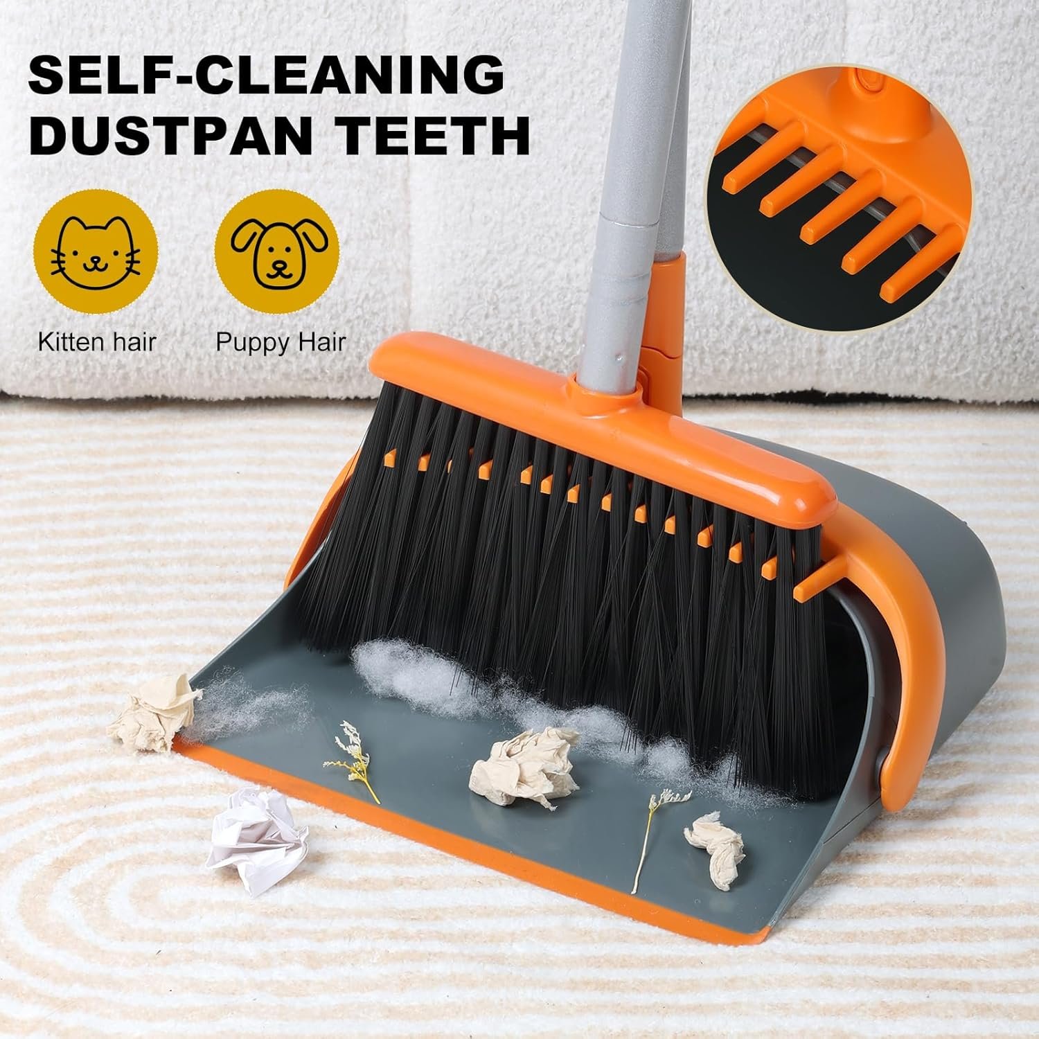 Broom and Dustpan Set with 54 Inch Long Handle - Perfect Dust Pan and Brush Combo for Home Efficient Cleaning (Orange and Grey) - Image 6