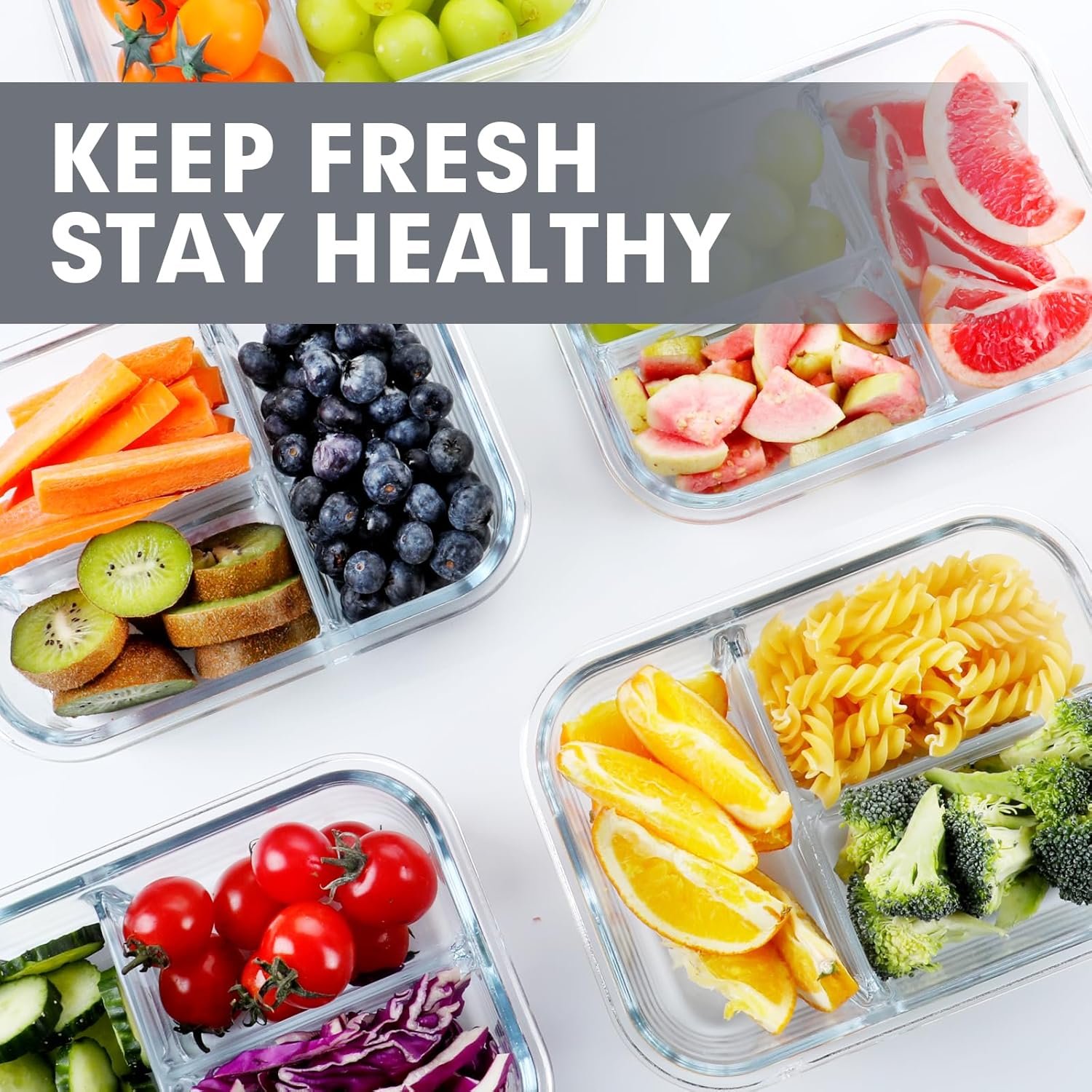 VERONES 5 Pack Glass Meal Prep Containers 3 Compartment Set, 36OZ Airtight Glass Lunch Containers, Glass Food Storage Containers with Lids, for Microwave, Oven, Freezer & Dishwasher Friendly,Grey - Image 8