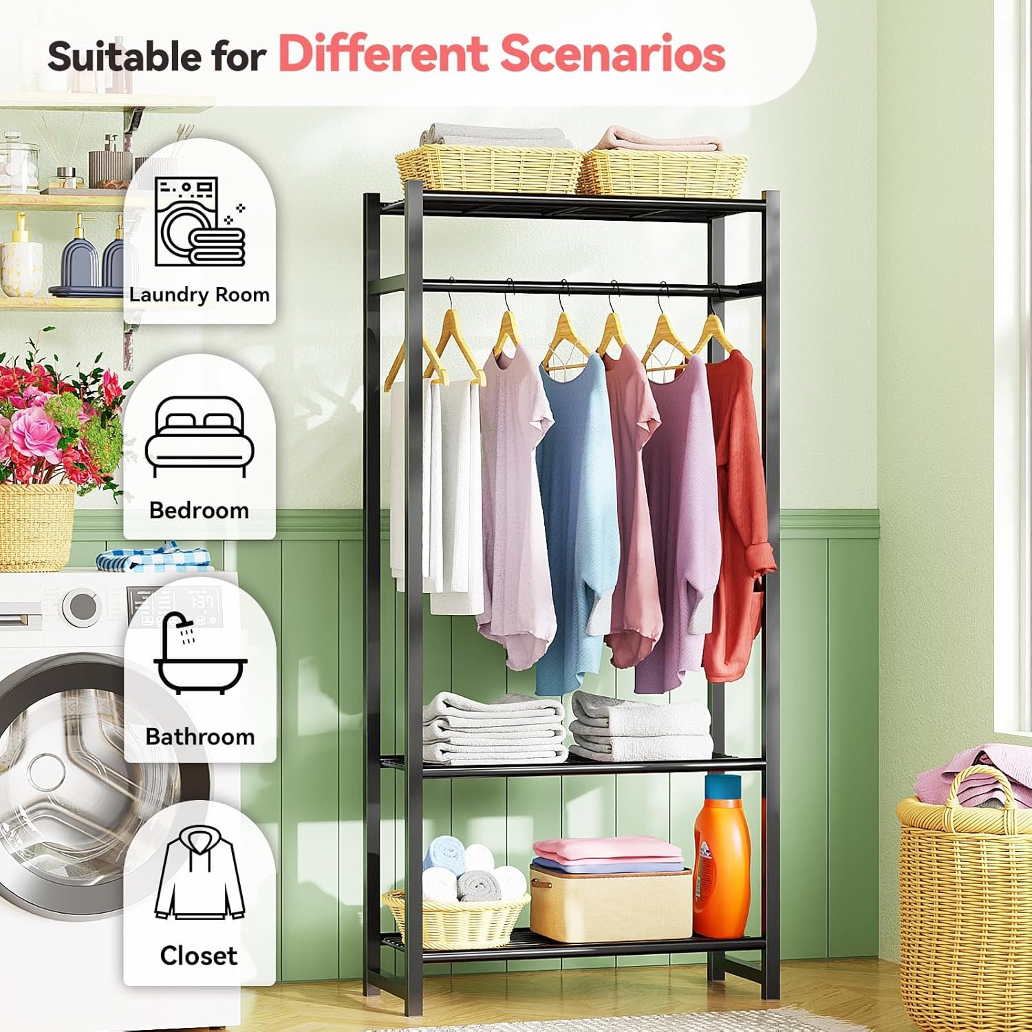 Small Clothes Rack -30" Wide Clothing Rack with 3 Shelves for Small Space, Sturdy Metal Portable Wardrobe Closet Organizer, Load 400 lbs, Black - Image 4