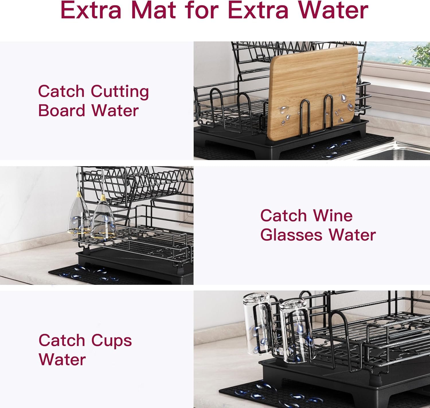 BOOSINY 2 Tier Black Large Stainless Steel Dish Drainers Drying Rack for Kitchen Counter with Drainboard, Rust Proof Metal, Space Saving, Modern Aesthetic, Compact Plates Strainers with Extra Mat - Image 10