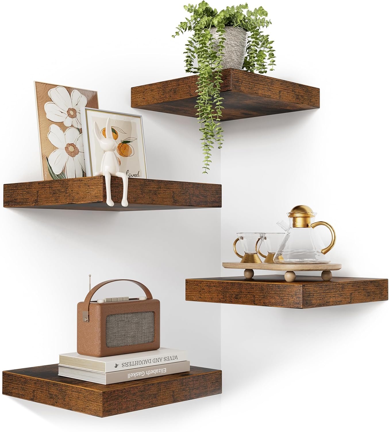 Olakee Corner Floating Shelf Set of 4, 9.84’’ Rustic Wood Wall Mounted Corner Shelf for Bathroom, Bedroom, Kitchen, Living Room, Farmhouse, Office-Heavy Duty Floating Shelves – Carbonized Black - Image 2