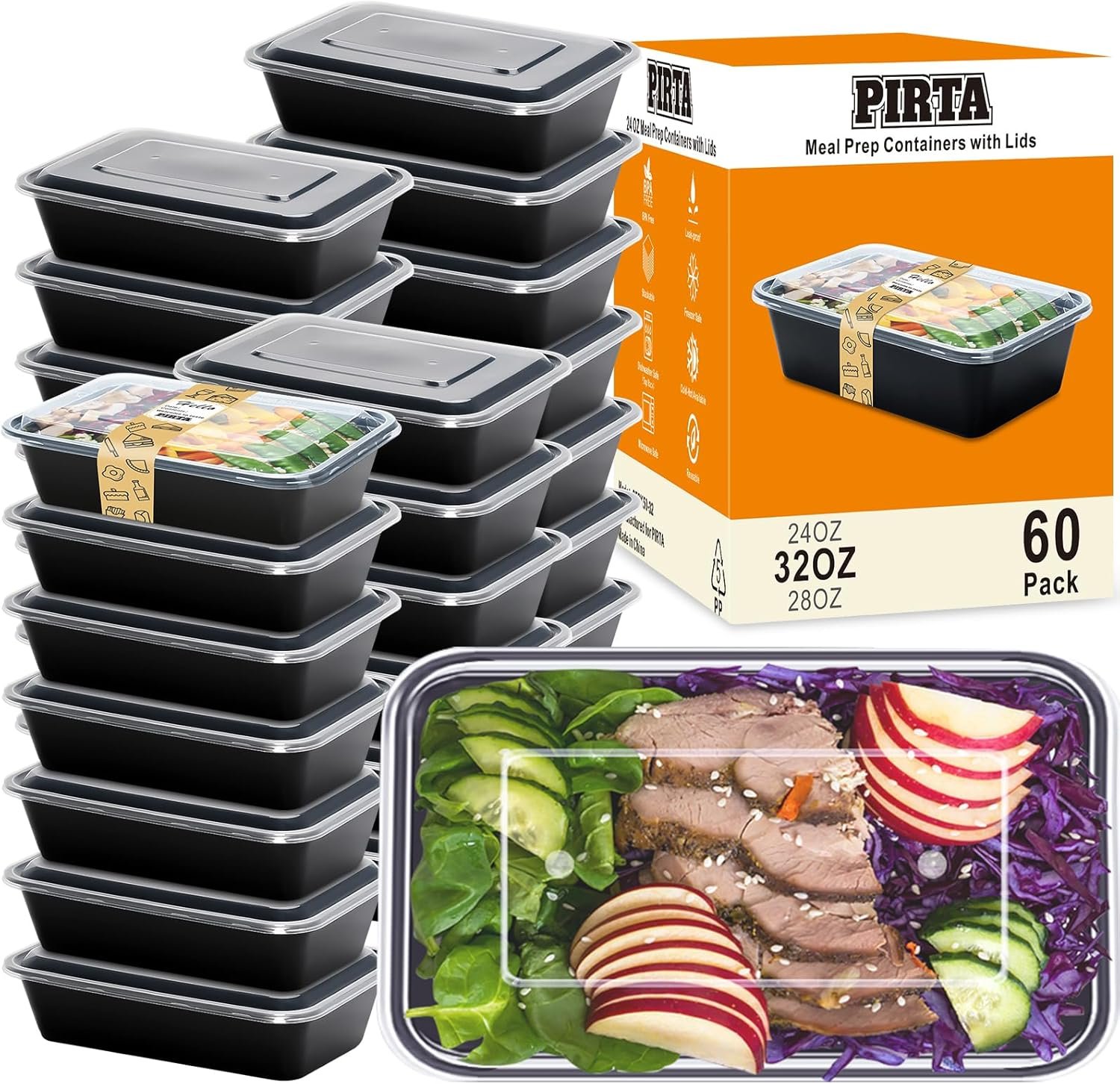 PIRTA 60 Pack 32 oz Meal Prep Containers Reusable with Lids, Food Safe, Leakproof, Microwave, Freezer, Dishwasher, To-Go Take Out, Plastic Food Storage Bento Lunch Box - Image 2