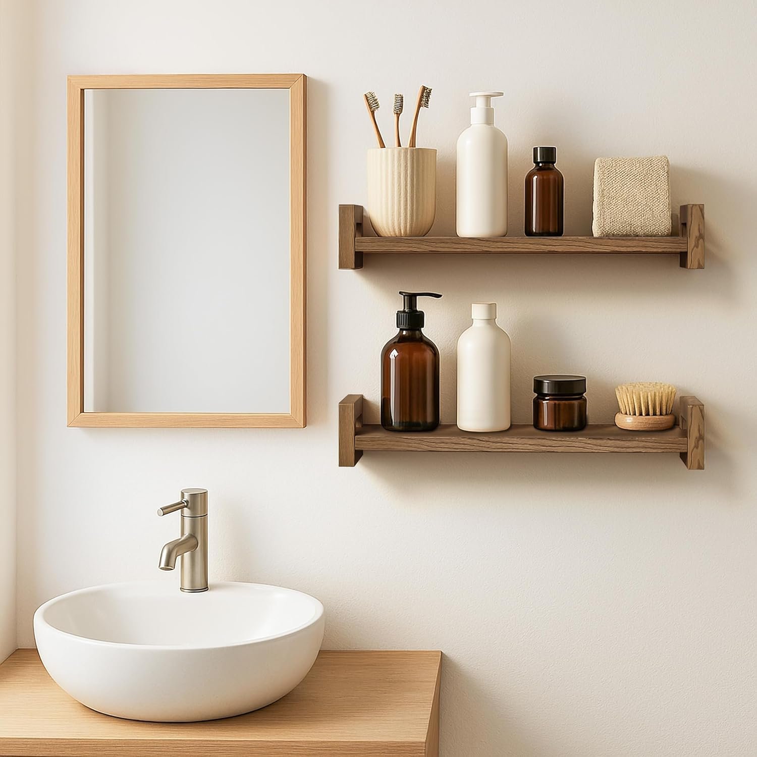 Vailando Floating Shelves for Wall, Set of 4 Solid Wood Wall Mounted Shelves, 16" Rustic Walnut Display Shelf for Bedroom, Living Room, Bathroom, Kitchen – Strong Load Capacity & Natural Pine - Image 9