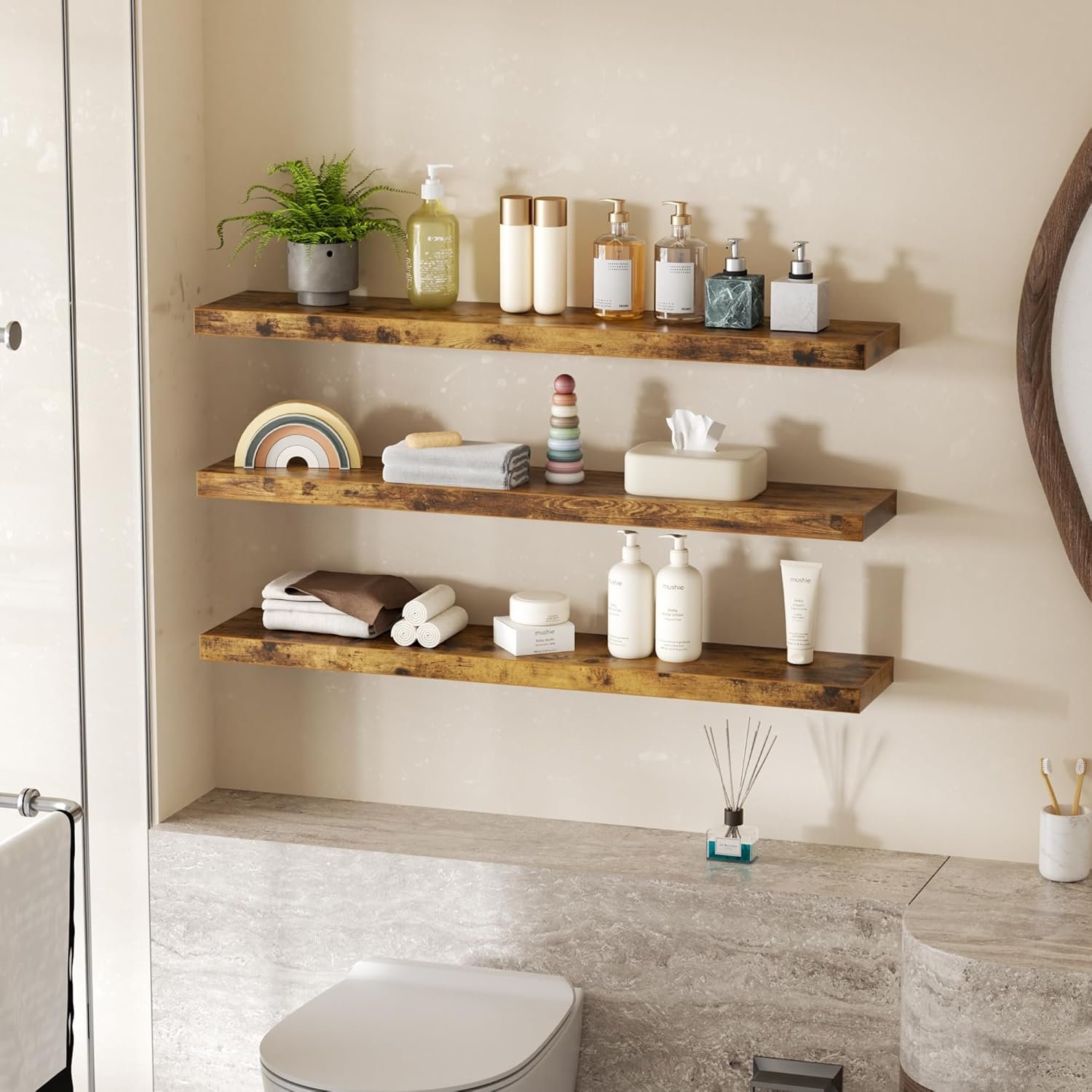 Colima Bathroom Floating Shelves for Wall, 36" Floating Wall Mounted Shelf, Rustic Wood Storage Display Shelves for Home Organization, Bathroom, Kitchen, Living Room (Set of 3, Rustic Brown) - Image 5