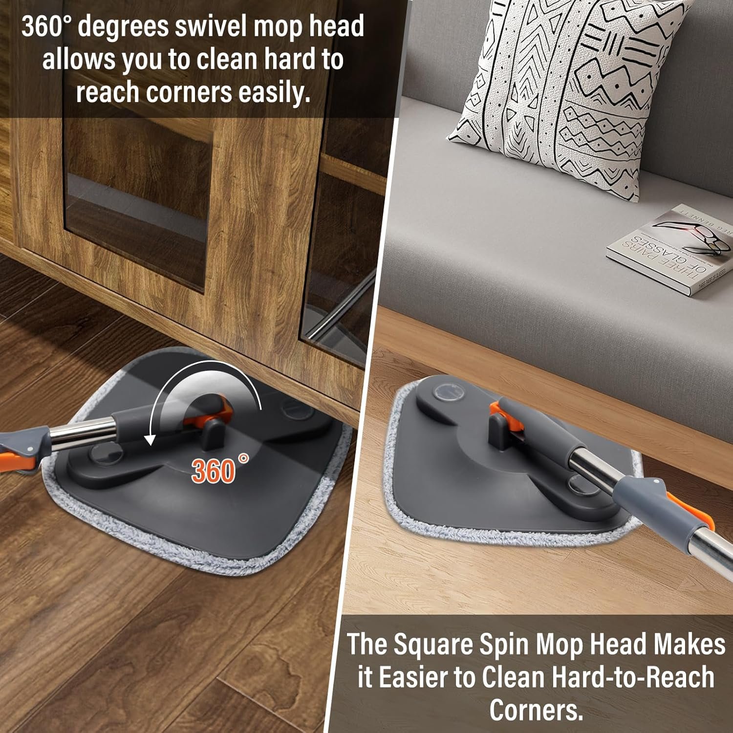 Spin Mop and Bucket Set with Self Separation Dirty and Clean Water System,Self Wringing 360° Rotating Square Clean Mop and Bucket with Wringer,Home Floor Tile Cleaning(3 Thick Mop Pads)(Black) - Image 7