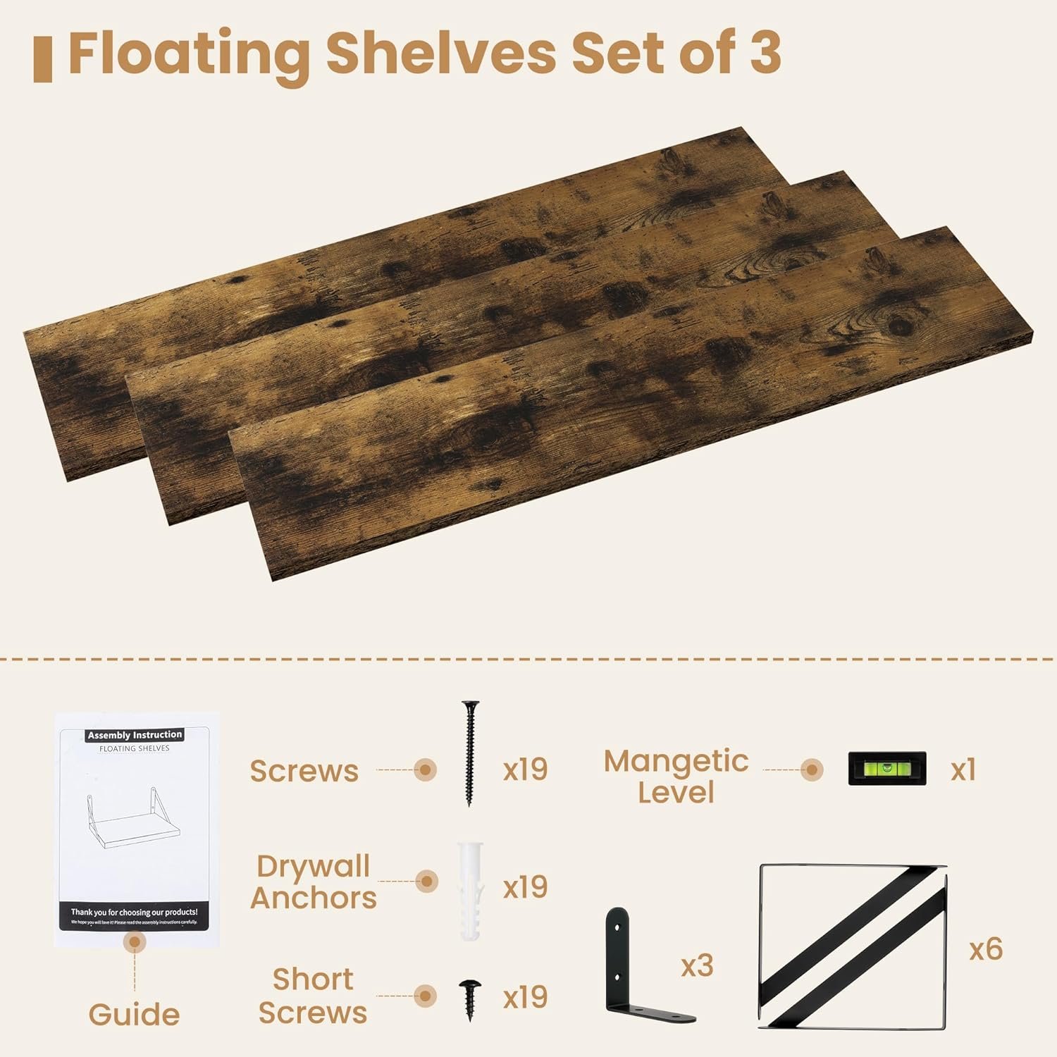 Heimlove Floating Book Shelves for Wall,35.4 Inches Long Wall Mounted Bookshelves,Heavy Duty Bracket Shelves for Living Room Kitchen,Laundry Room Storage & Decor,Set of 3,Rustic Brown - Image 8