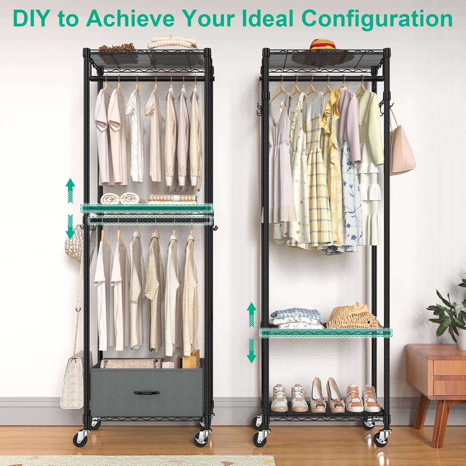 Rolling Clothes Rack, 3 Tier Garment Rack for Hanging Clothes, Metal Wire Wardrobe with Drawer Rods Portable Closet Organizer Freestanding Clothing Shelf with Wheels, Black - Image 3