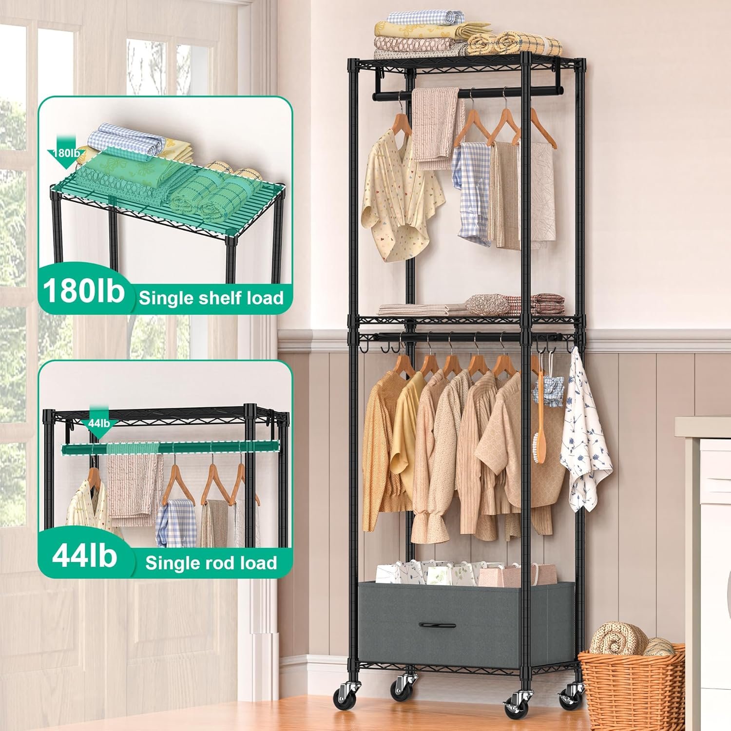 Rolling Clothes Rack, 3 Tier Garment Rack for Hanging Clothes, Metal Wire Wardrobe with Drawer Rods Portable Closet Organizer Freestanding Clothing Shelf with Wheels, Black - Image 5