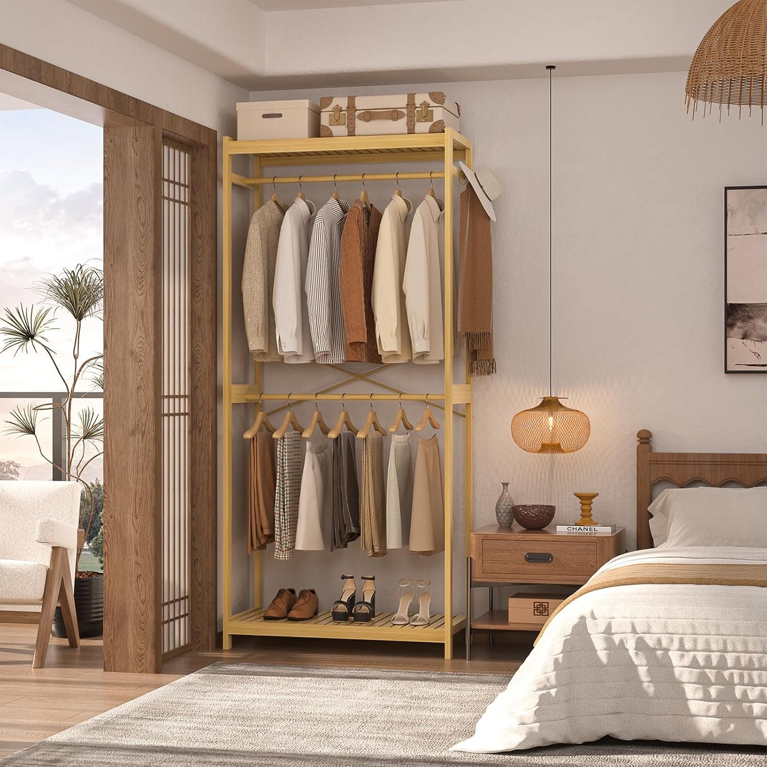 Homykic Bamboo Clothes Rack with Shelves and Double Hang Rods, Portable Closet System Garment Rack for Hanging Clothes, Tall Clothing Rack Corner Closet Organizer, Easy to Built, Natural - Image 4