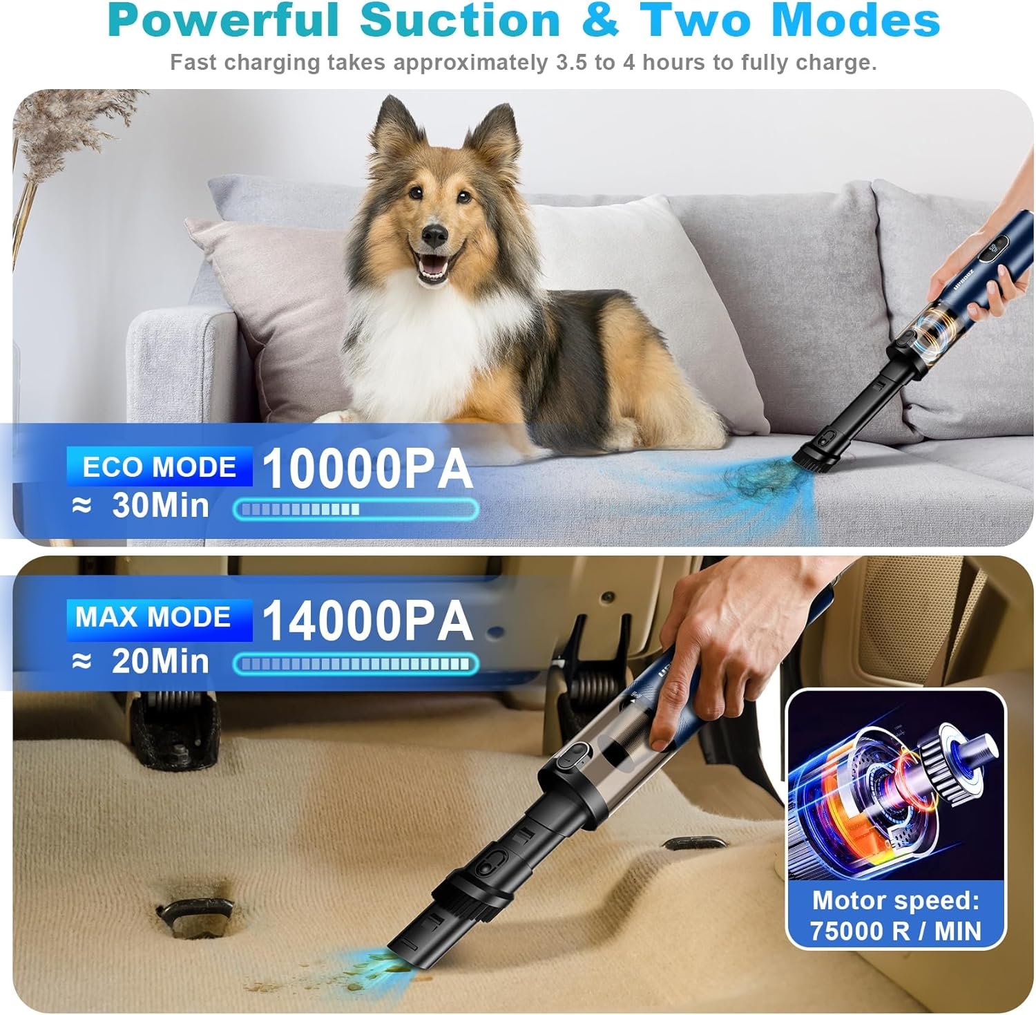 Handheld Vacuum Cordless, Car Vacuum with 14000PA Powerful Suction with LED Light, Air Duster 2-in-1,Low Noise Rechargeable Portable Mini Vacuum Cleaner for Car Home Pet Office,Two Gears Blue - Image 3
