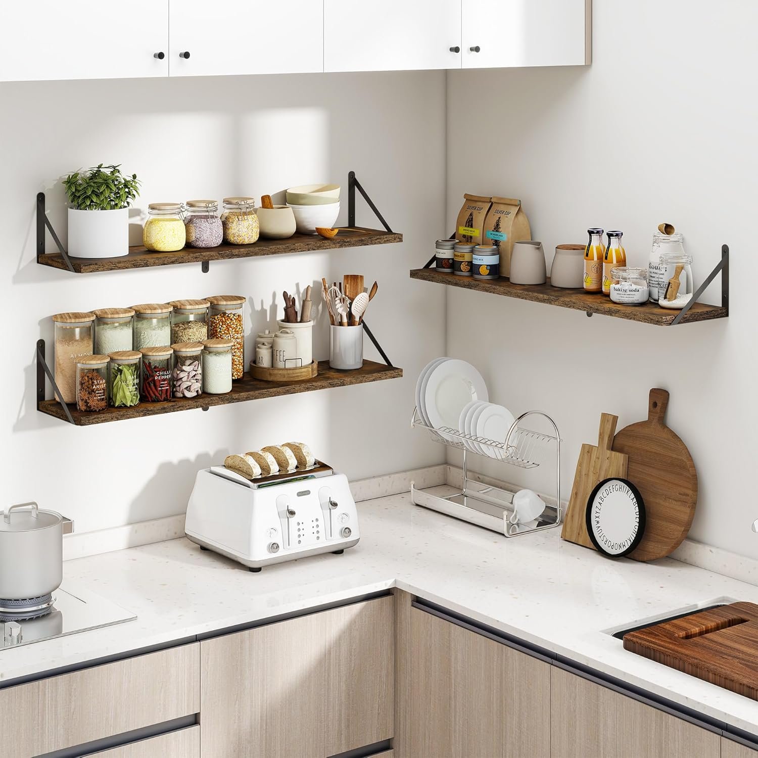 Heimlove Floating Book Shelves for Wall,35.4 Inches Long Wall Mounted Bookshelves,Heavy Duty Bracket Shelves for Living Room Kitchen,Laundry Room Storage & Decor,Set of 3,Rustic Brown - Image 6